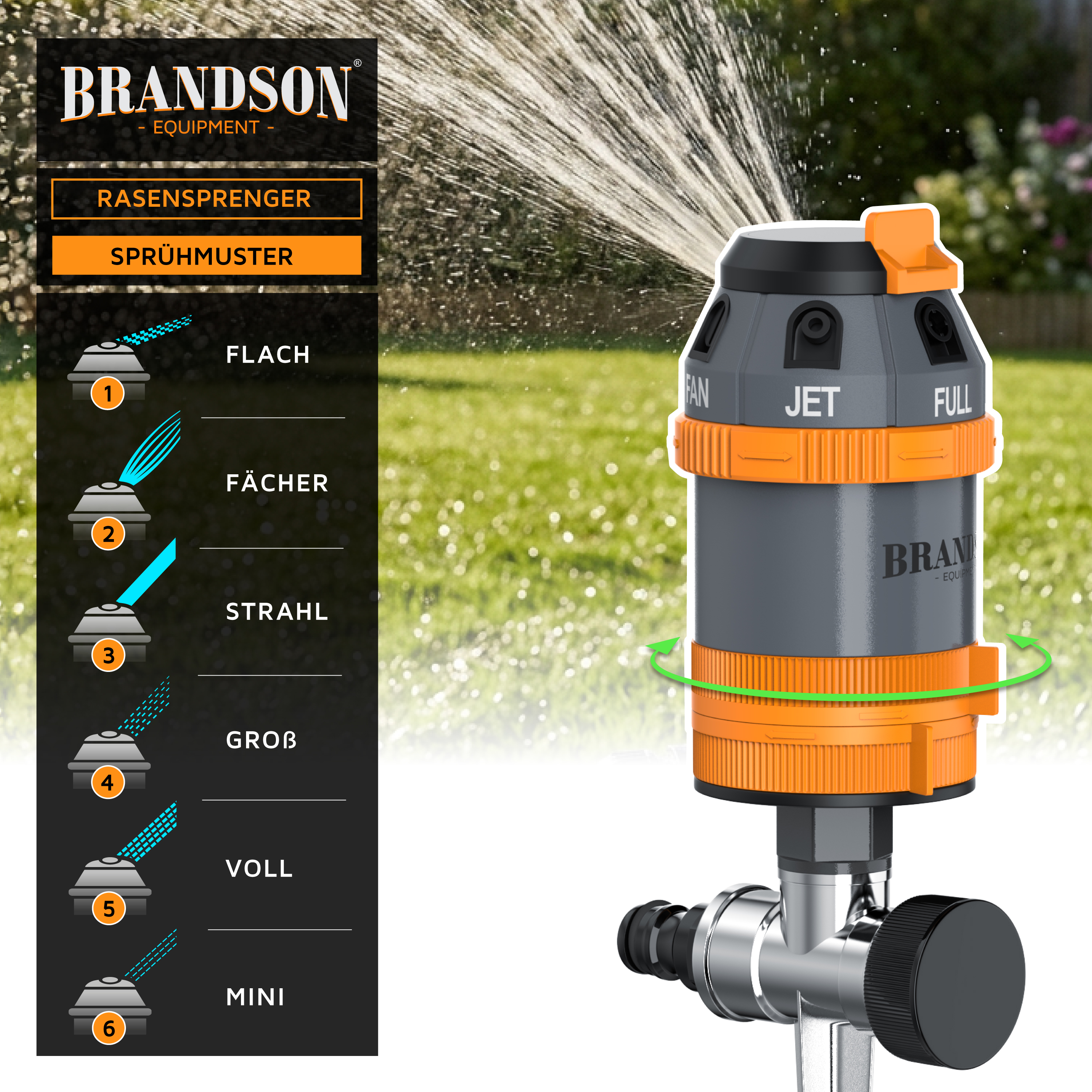 Brandson Rasensprenger mit verschiedenen Sprühmuster-Einstellungen, orangefarbene und graue Kunststoffoberfläche, für Gartenbewässerung.