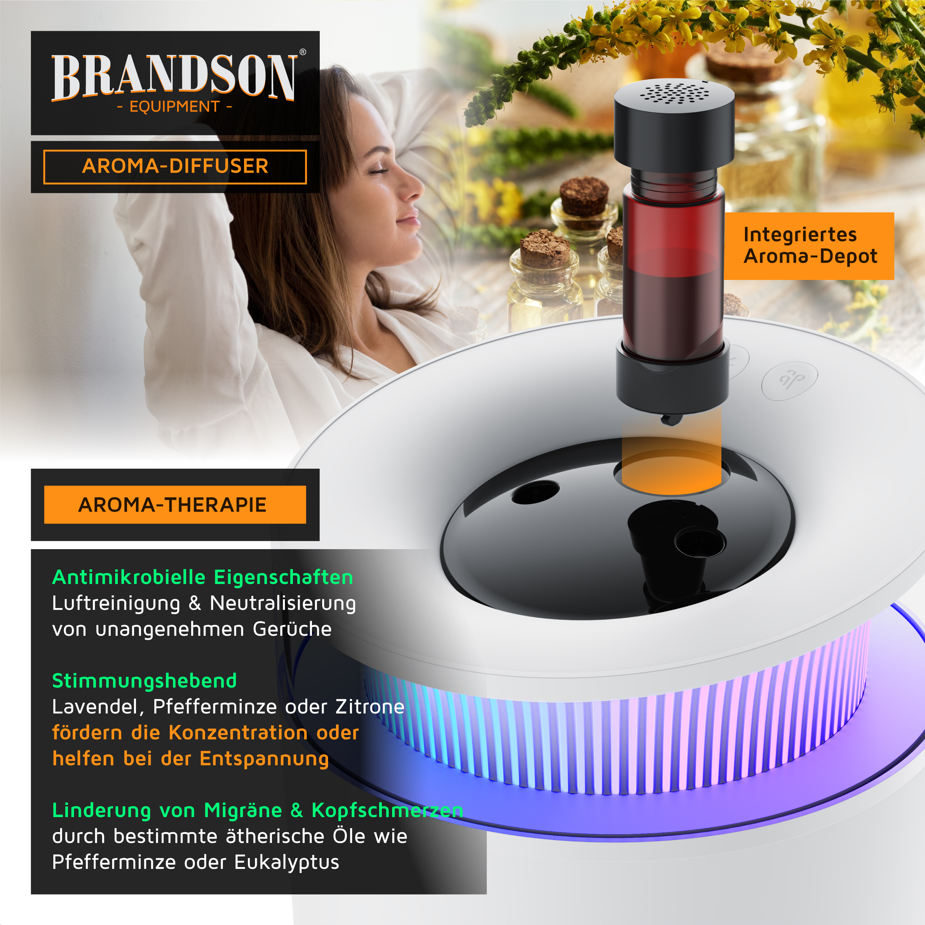 Brandson Aroma-Diffusor mit integriertem Aroma-Depot, runder Bauform, weißem Gehäuse und stimmungsvollem LED-Licht.