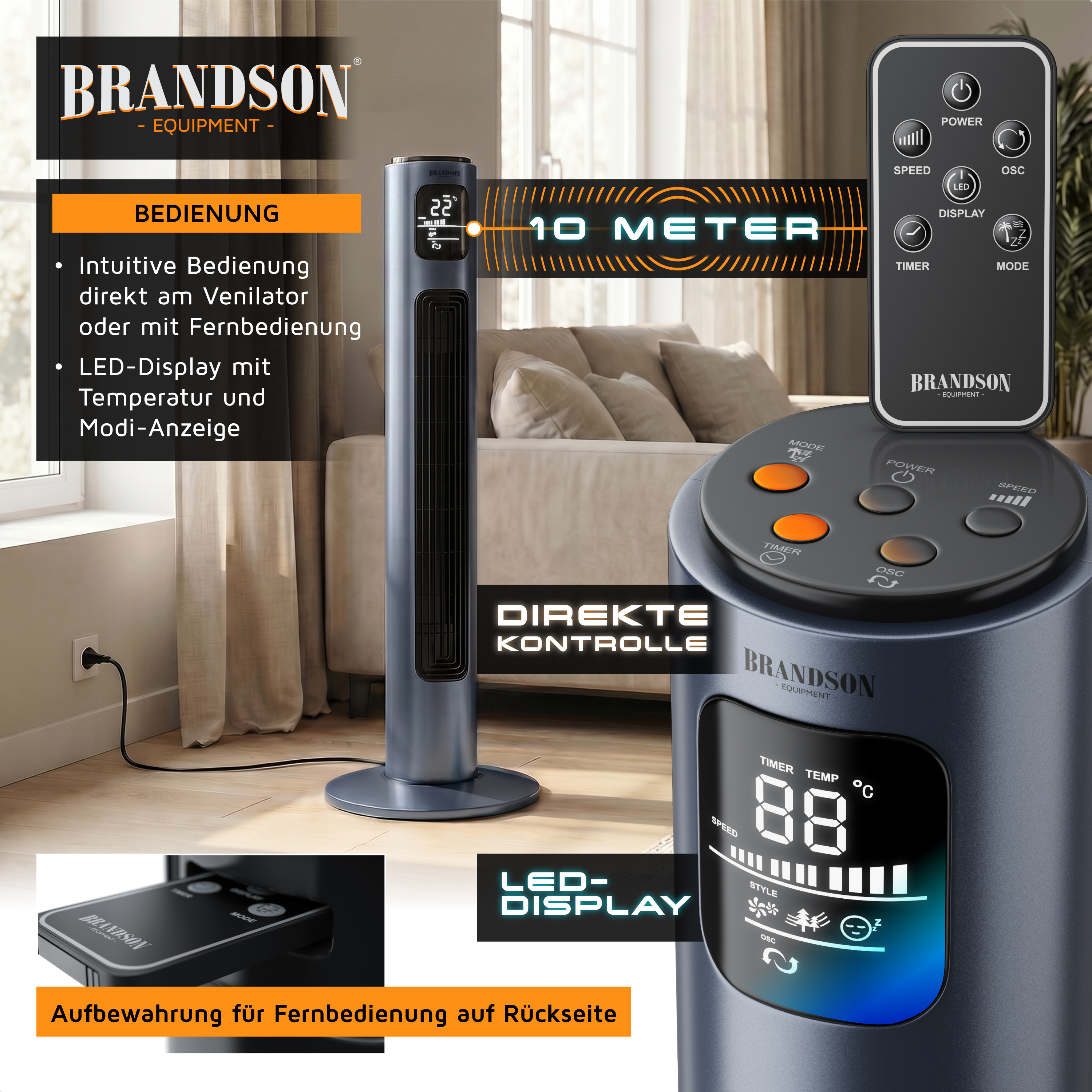 Turmventilator von Brandson mit schlankem Design, LED-Display zur Anzeige von Temperatur und Modi, Fernbedienung und stabilem Sockel.