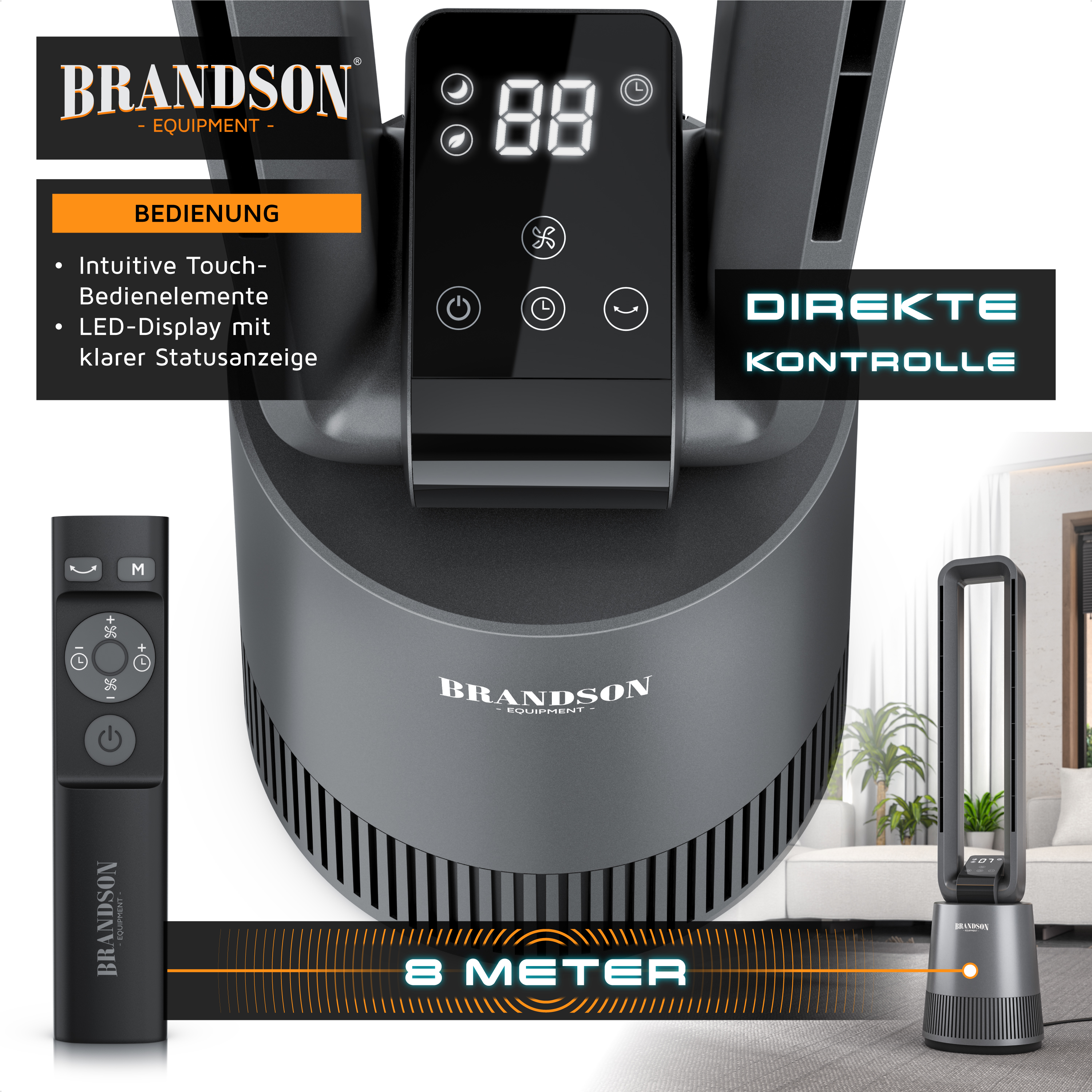 Turmventilator von Brandson mit intuitiver Touch-Steuerung, LED-Anzeige und Fernbedienung, konzipiert für eine effiziente Luftzirkulation in Wohnräumen.