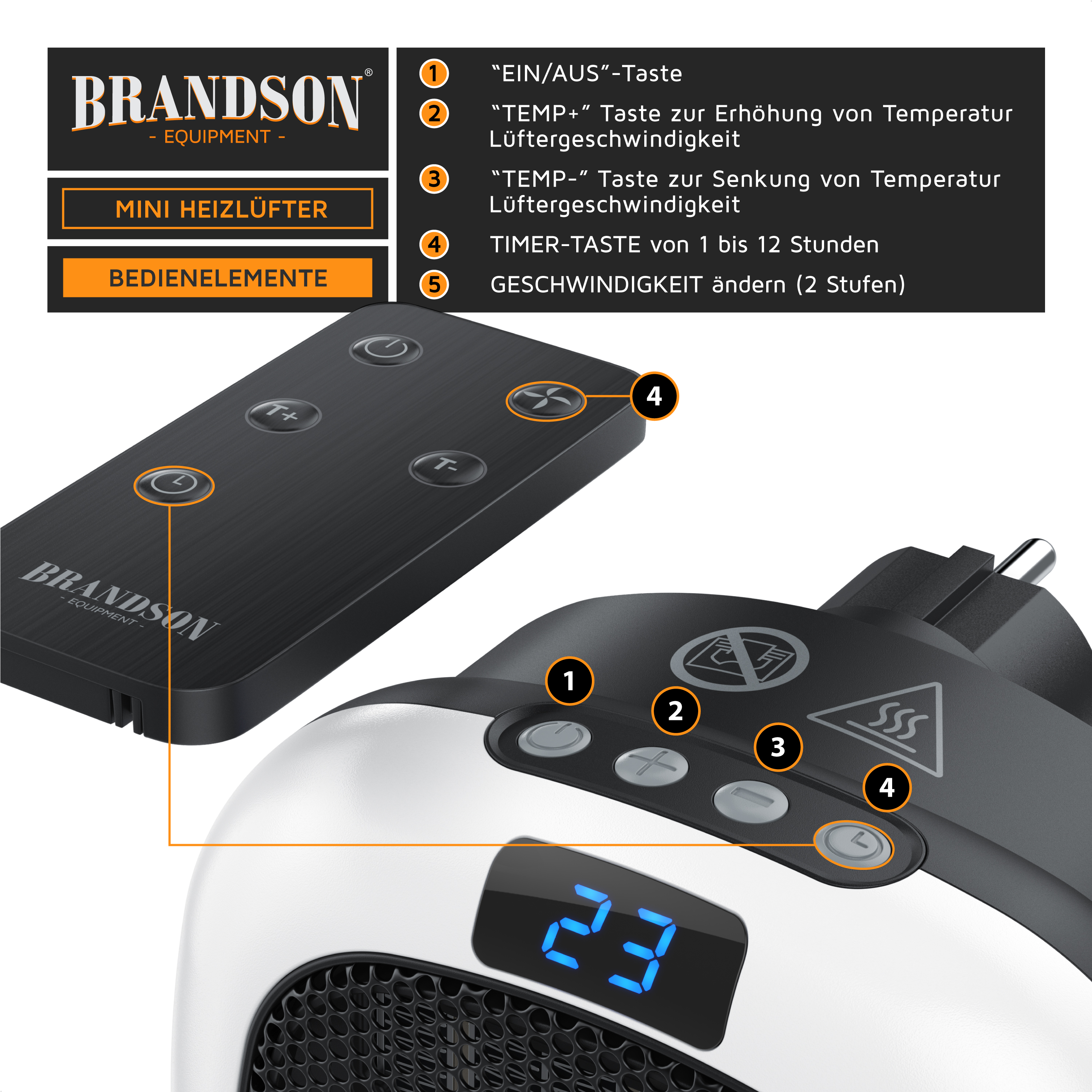 Brandson Mini Heizlüfter mit schwarzem Bedienfeld, digitalem Display und Fernbedienung für einfache Temperaturregelung.