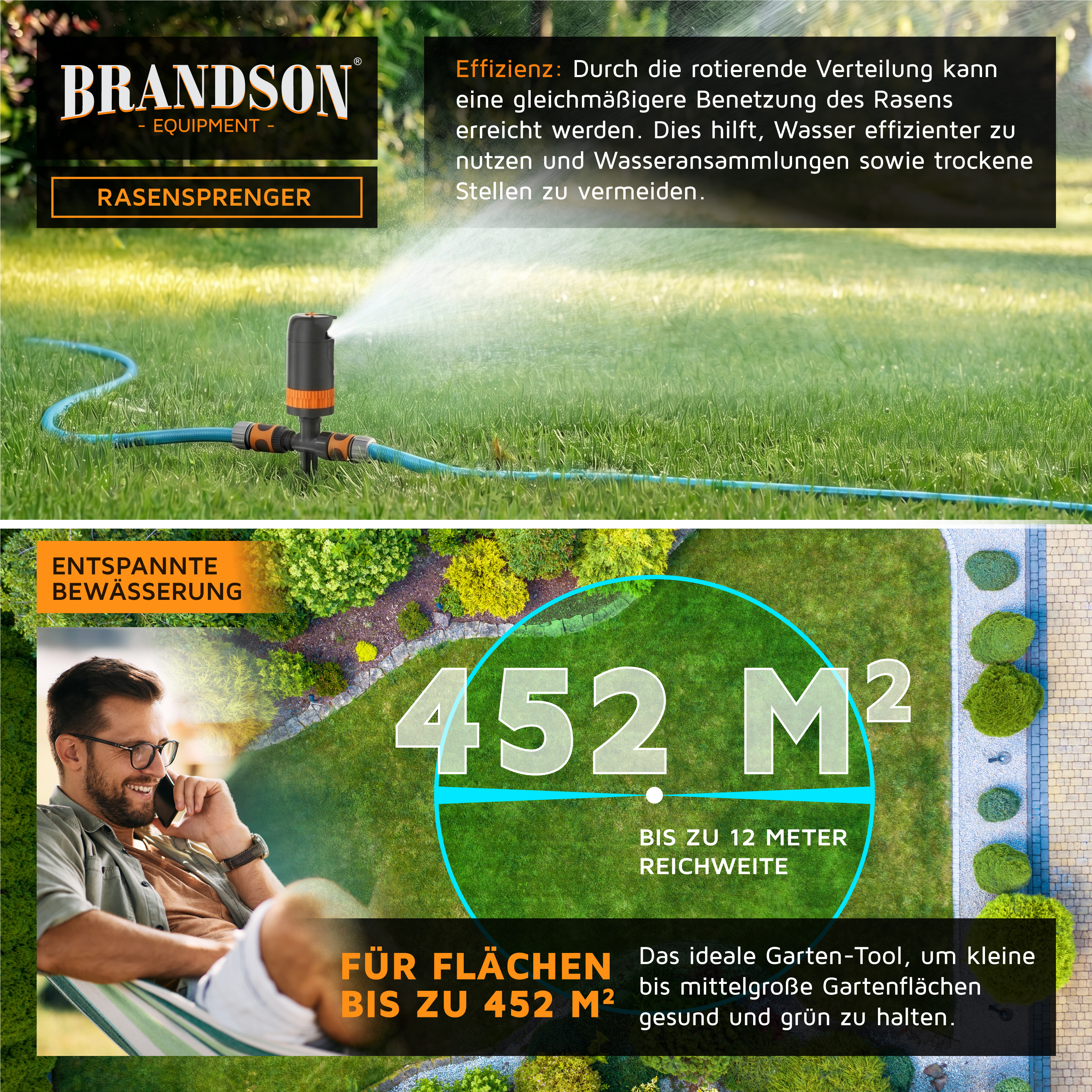 Brandson Rasensprenger in schwarzer und oranger Ausführung, auf grünem Rasen mit Wassersprühfunktion, ideal für gleichmäßige Bewässerung.