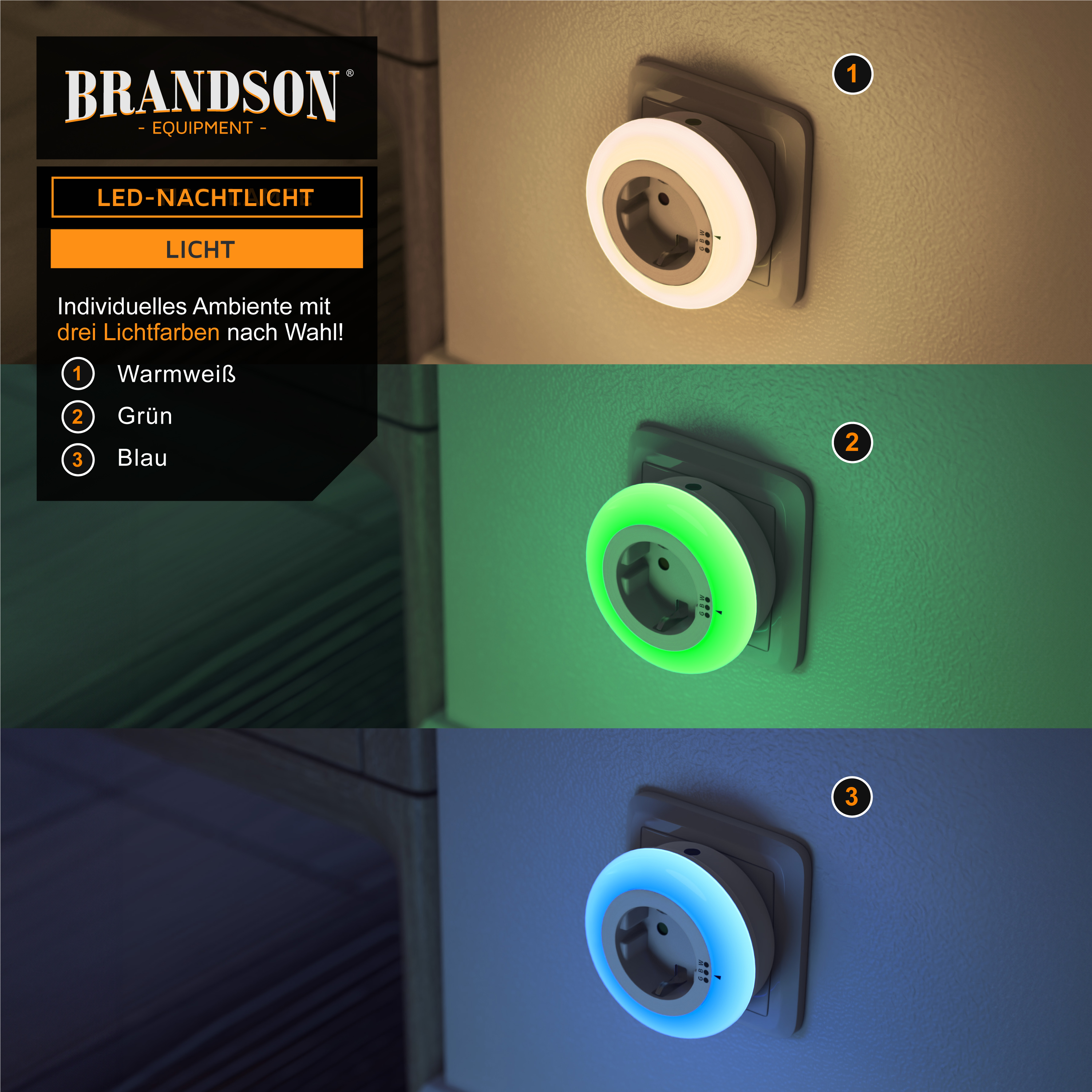 Brandson LED-Nachtlicht mit drei Farboptionen: Warmweiß, Grün und Blau, montiert an einer Wandsteckdose.