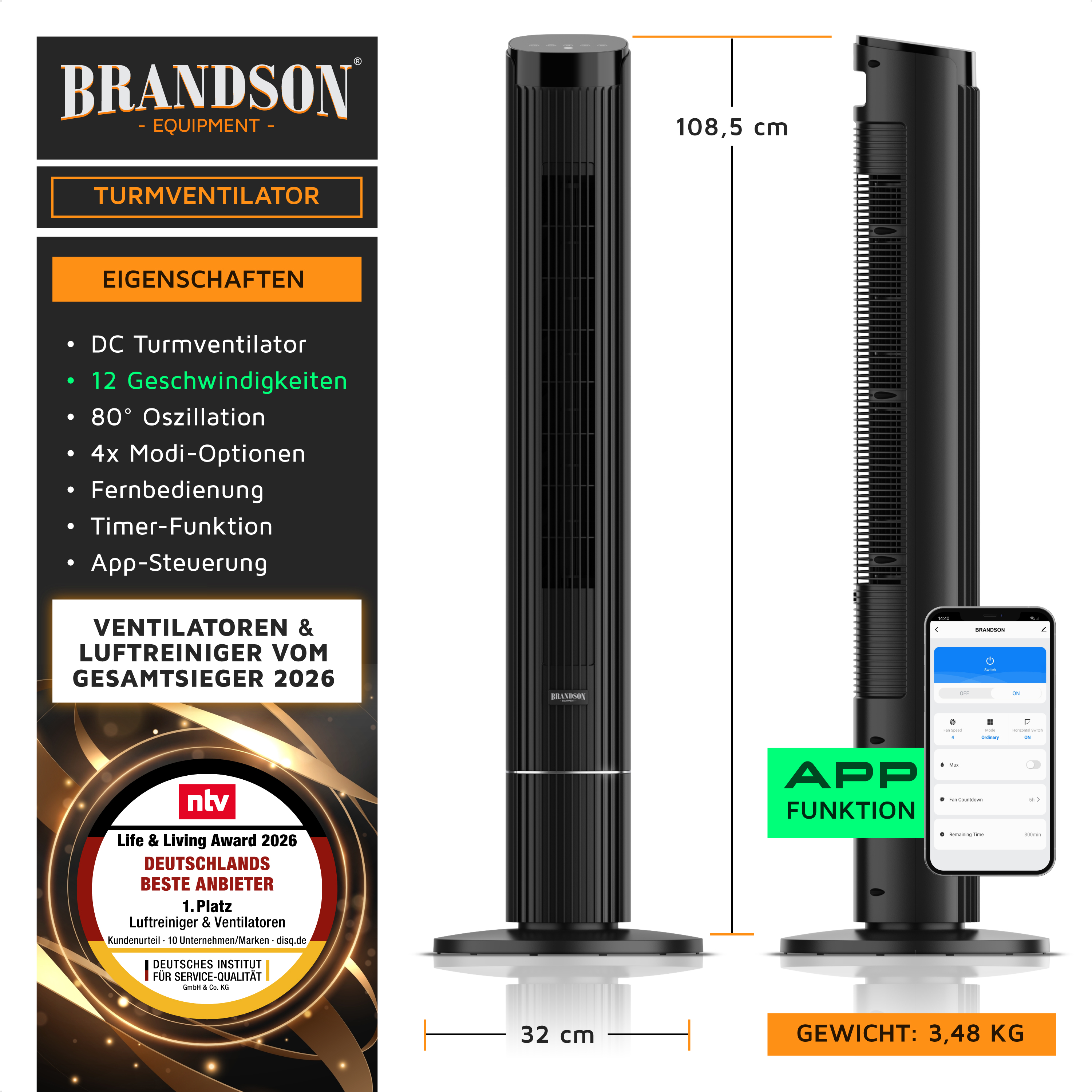 Brandson Turmventilator in Schwarz mit 108,5 cm Höhe, Fernbedienung und App-Steuerung, elegantes Design und stabiler Standfuß.