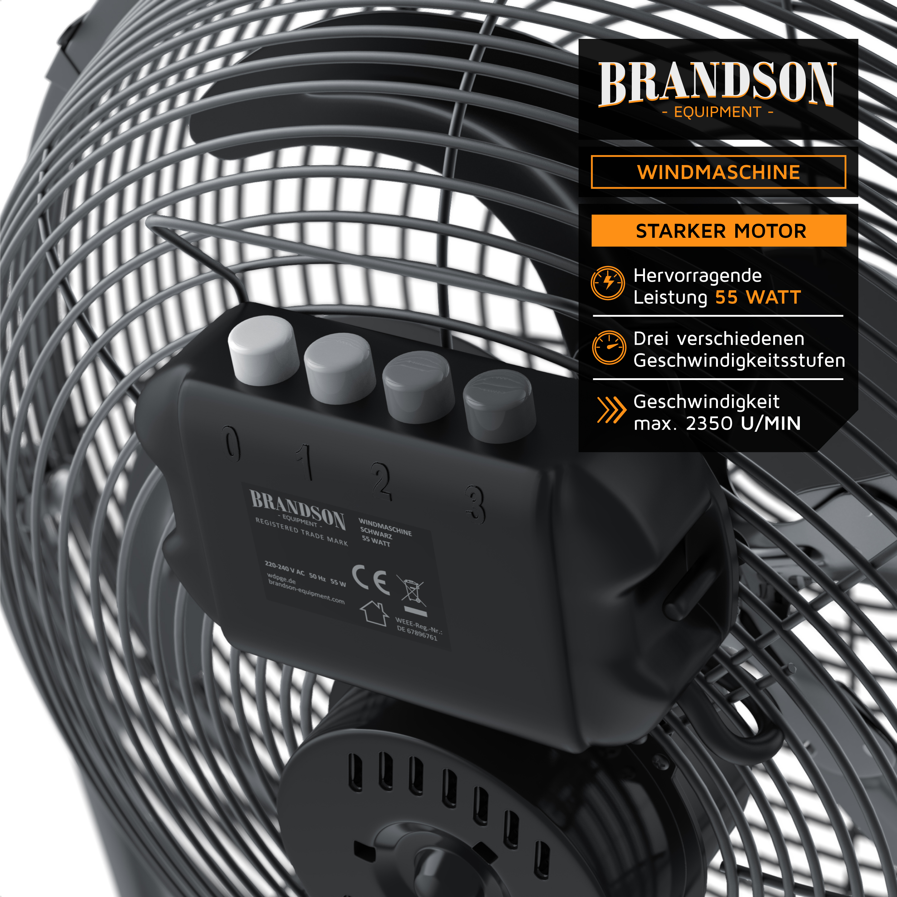 Brandson Windmaschine mit starkem Motor, schwarzem Gehäuse, Bedienfeld mit drei Geschwindigkeitsstufen und Griff für einfache Handhabung.