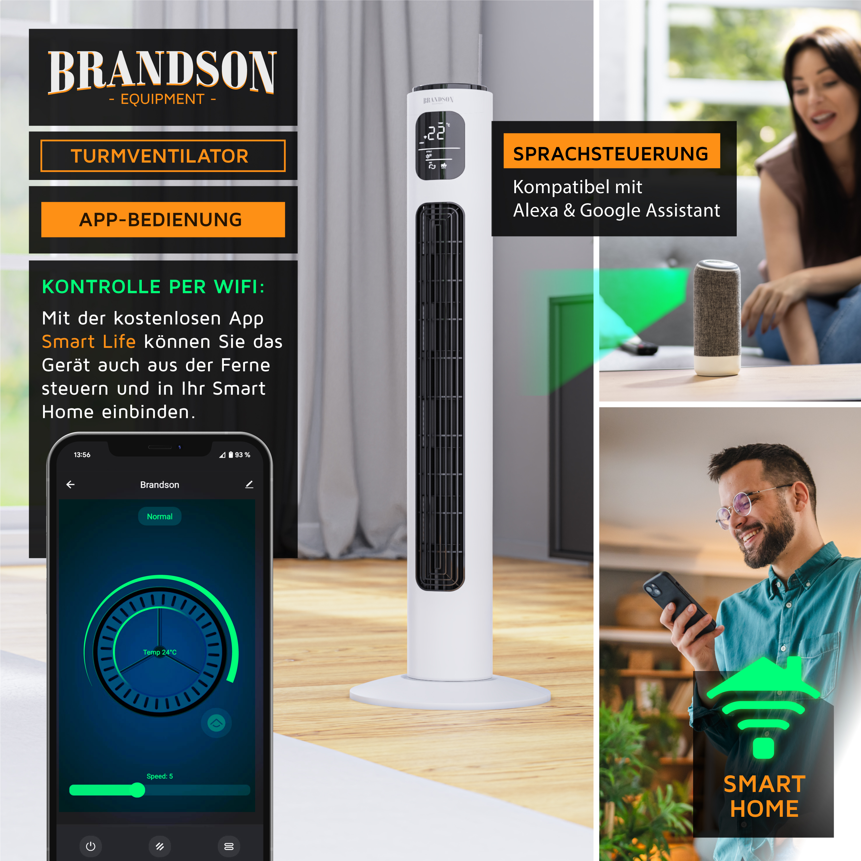 Brandson Turmventilator in Weiß mit digitalem Display, App-Steuerung und Sprachsteuerung, ideal für moderne Wohnräume.