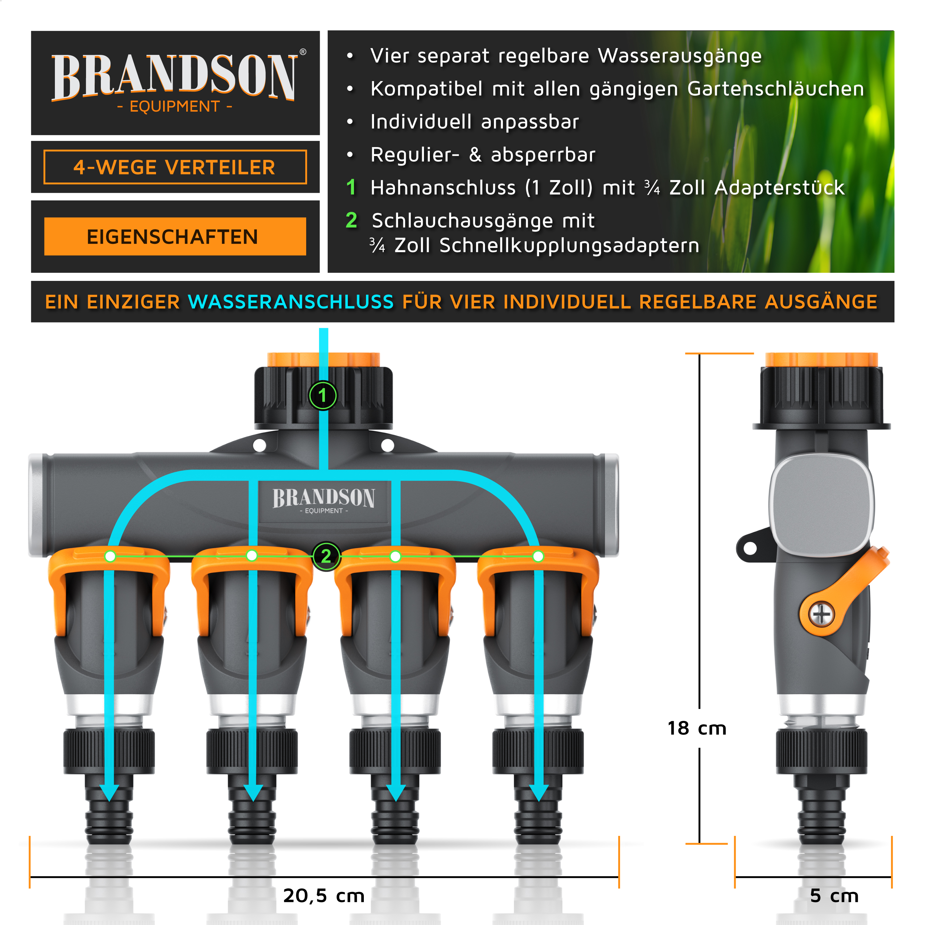 Brandson 4-Wege Wasserverteiler mit vier regulierbaren Ausgängen, kompatibel mit Gartenschläuchen, in grauer Farbe mit orangefarbenen Griffen.