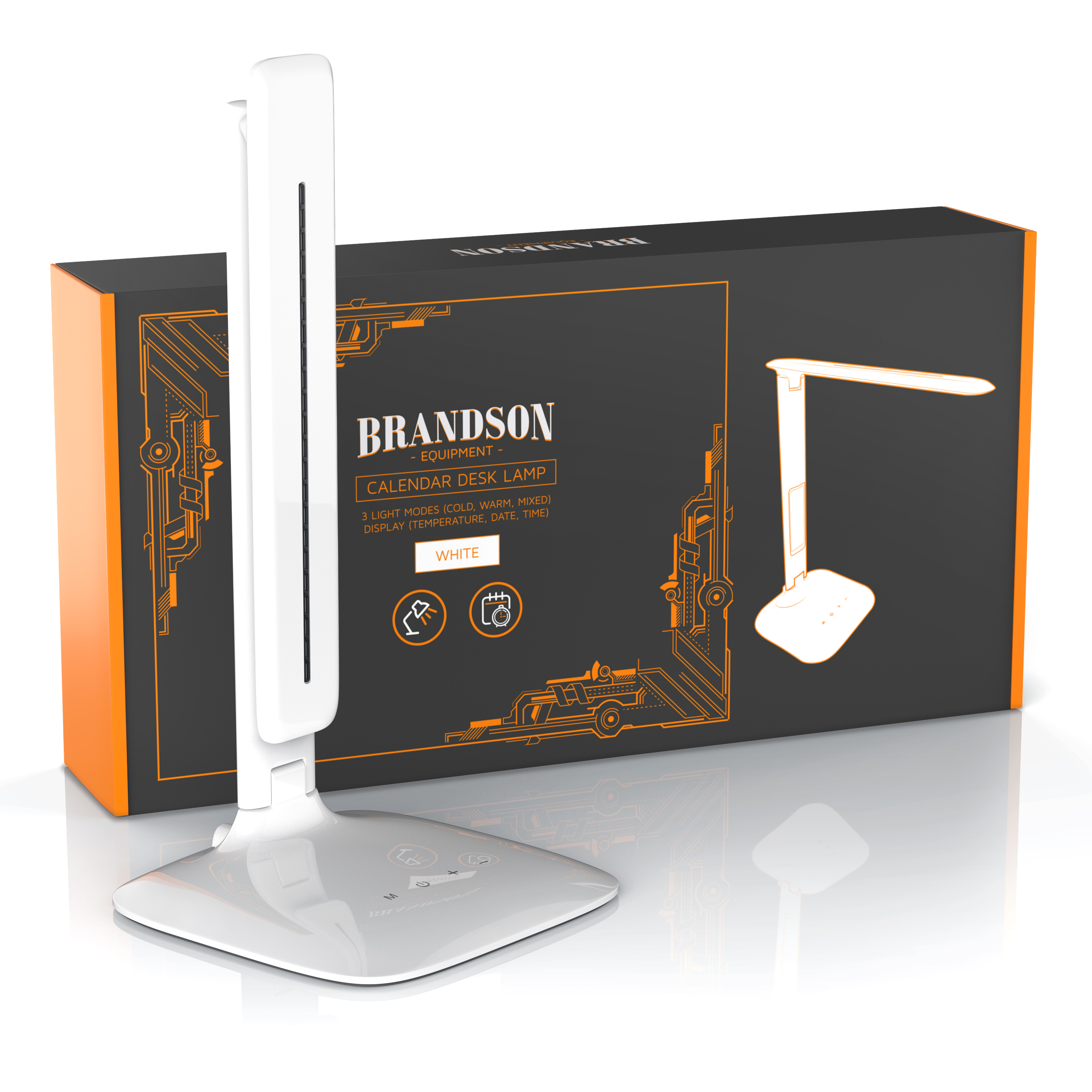 Brandson Kalender-Schreibtischlampe in Weiß mit elegantem Design, Touch-Bedienfeld und einem Display zur Anzeige von Temperatur und Uhrzeit.