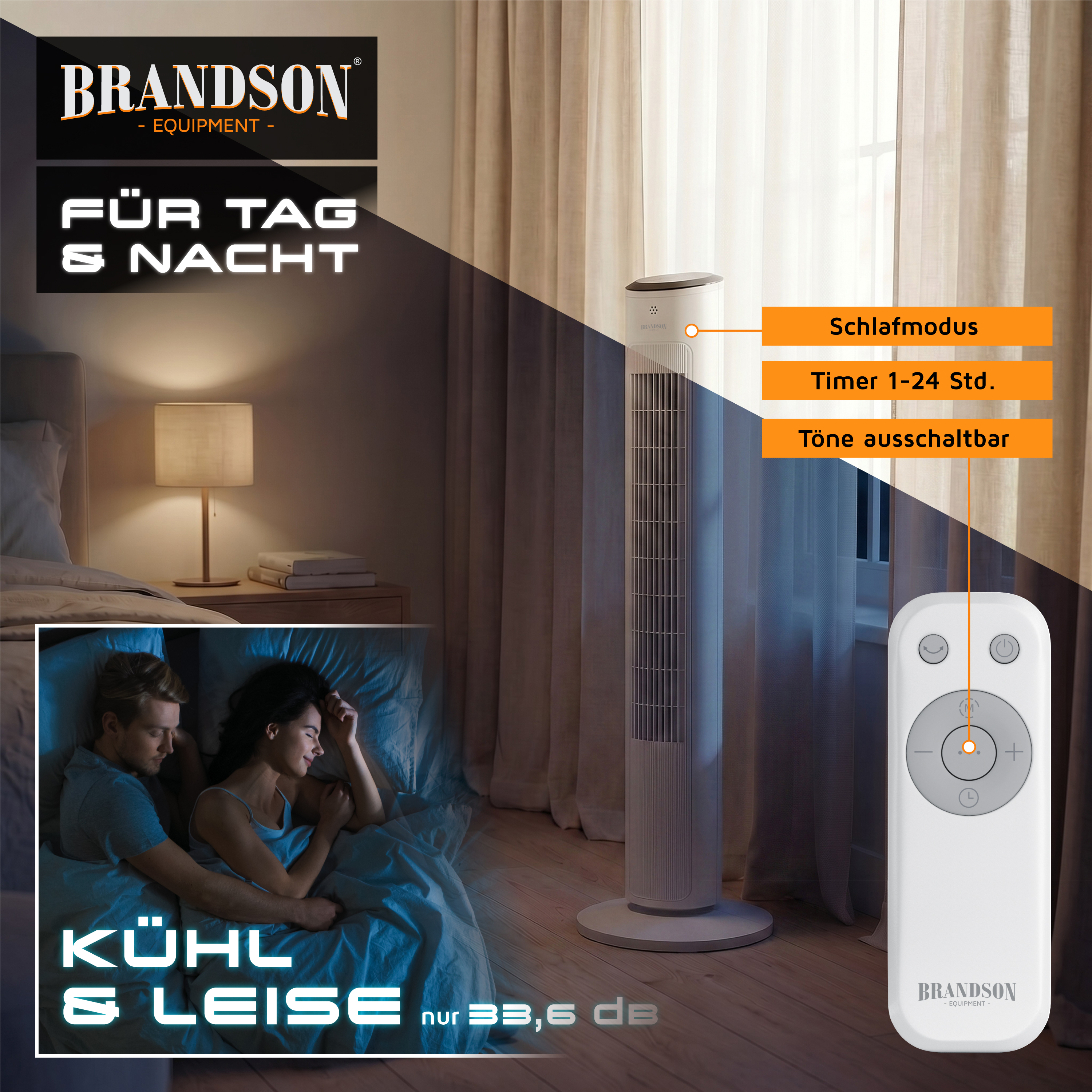 Turmventilator von Brandson im Schlafzimmer mit elegantem weißem Design, Fernbedienung und leisem Betriebsmodus für den nächtlichen Gebrauch.