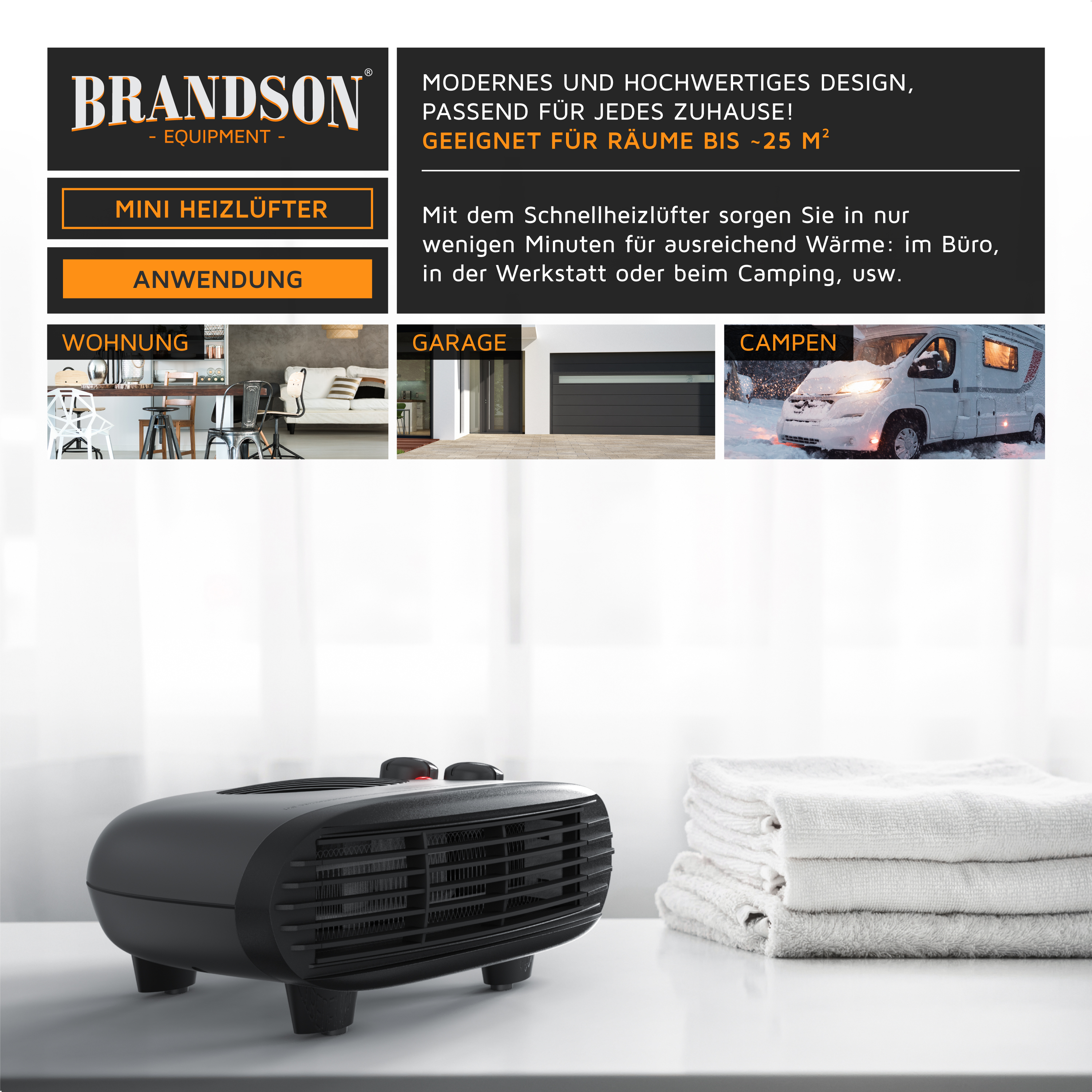 Brandson Mini Heizlüfter im modernen Design, schwarz mit zwei Drehreglern, ideal für schnelle Wärme in Wohnräumen oder beim Camping.