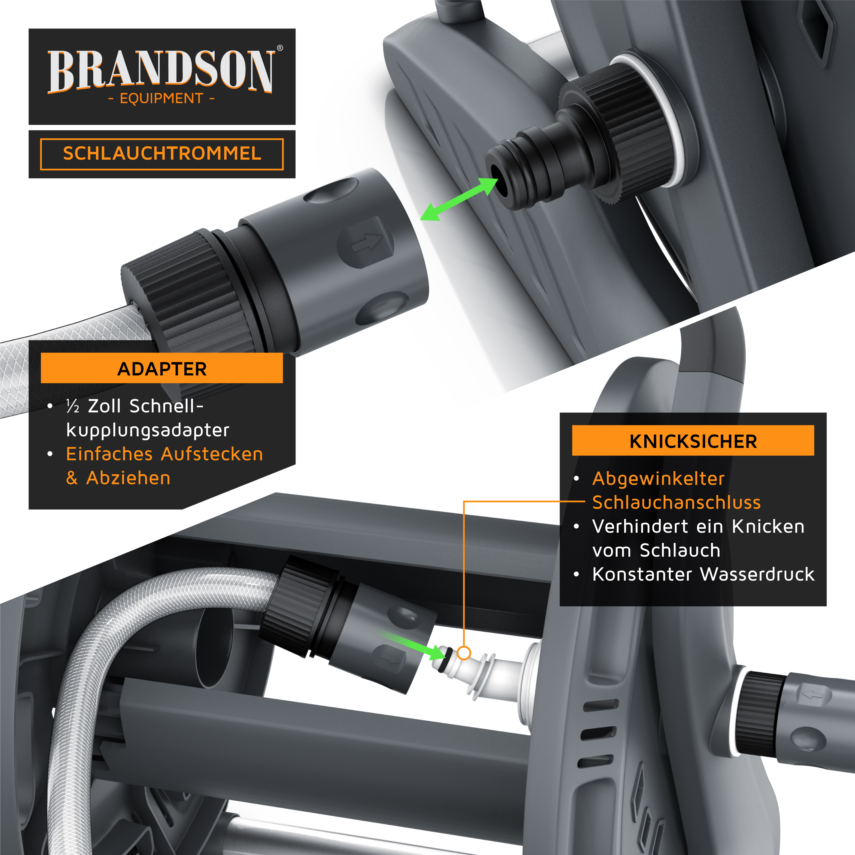 Brandson-Schlauchaufroller mit Schnellkupplungsadapter, abgewinkeltem Schlauchanschluss und knickfestem Design für gleichmäßigen Wasserdruck.