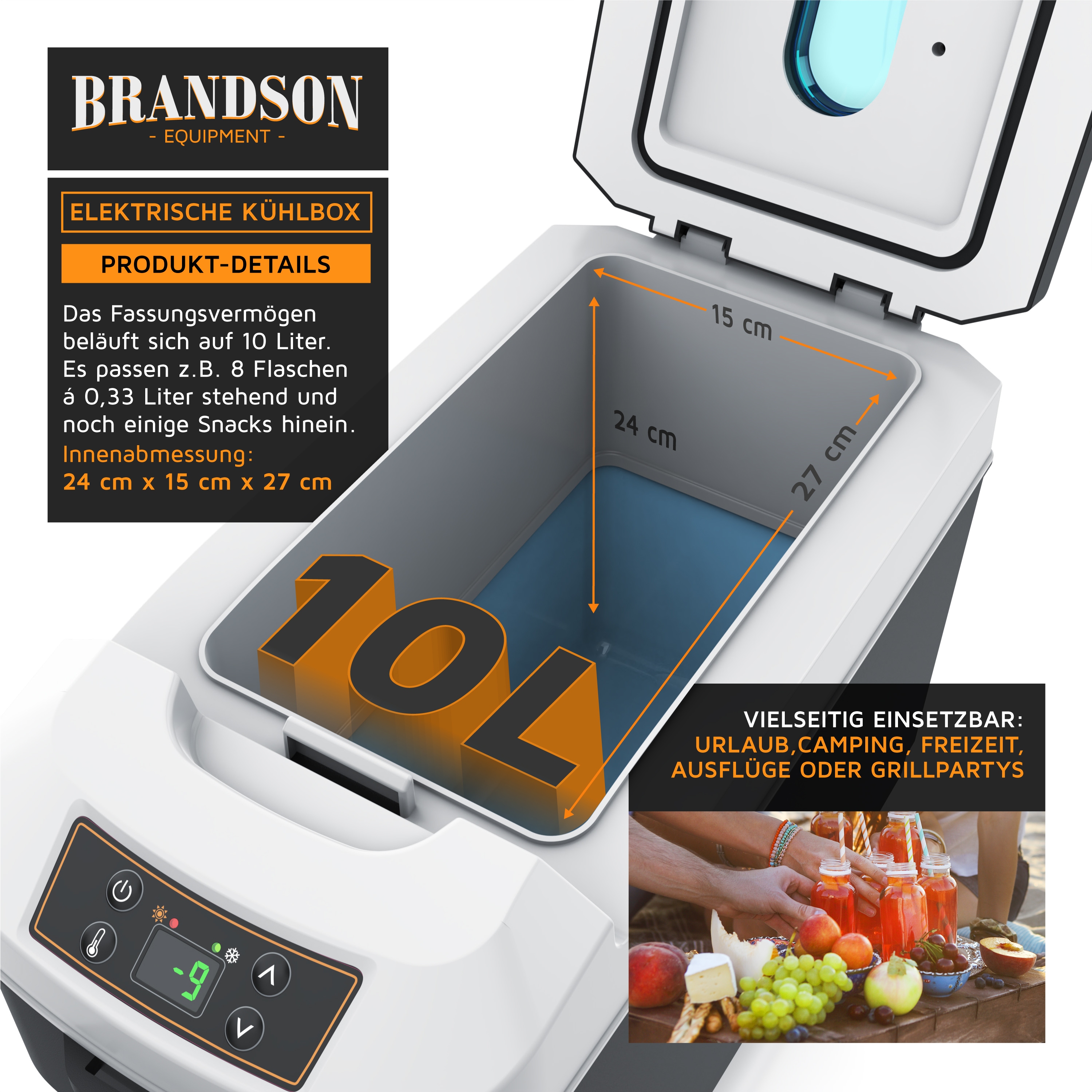Brandson elektrische Kühlbox mit 10 Litern Fassungsvermögen, Innenmaße 24 cm x 15 cm x 27 cm, Display und Bedienfeld sichtbar.