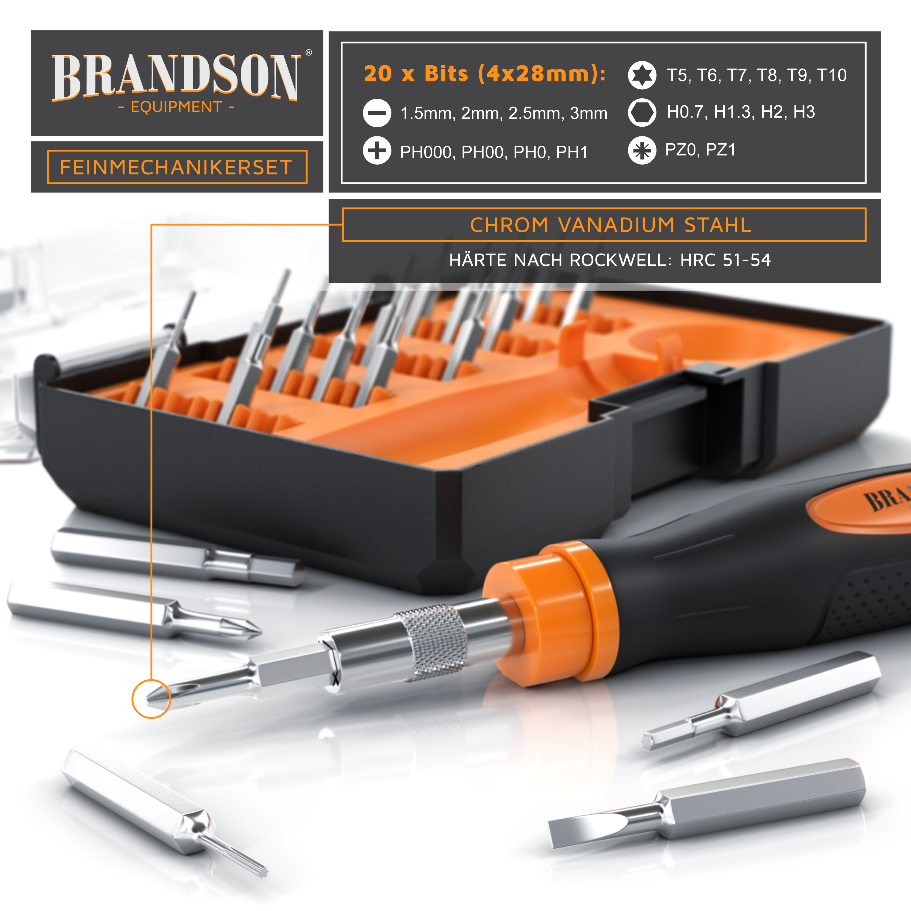 Feinmechaniker-Set von Brandson mit 20 Bits in einem kompakten schwarzen Koffer, bestehend aus einem Schraubendreher mit orangefarbenem Griff und verschiedenen austauschbaren Bits.