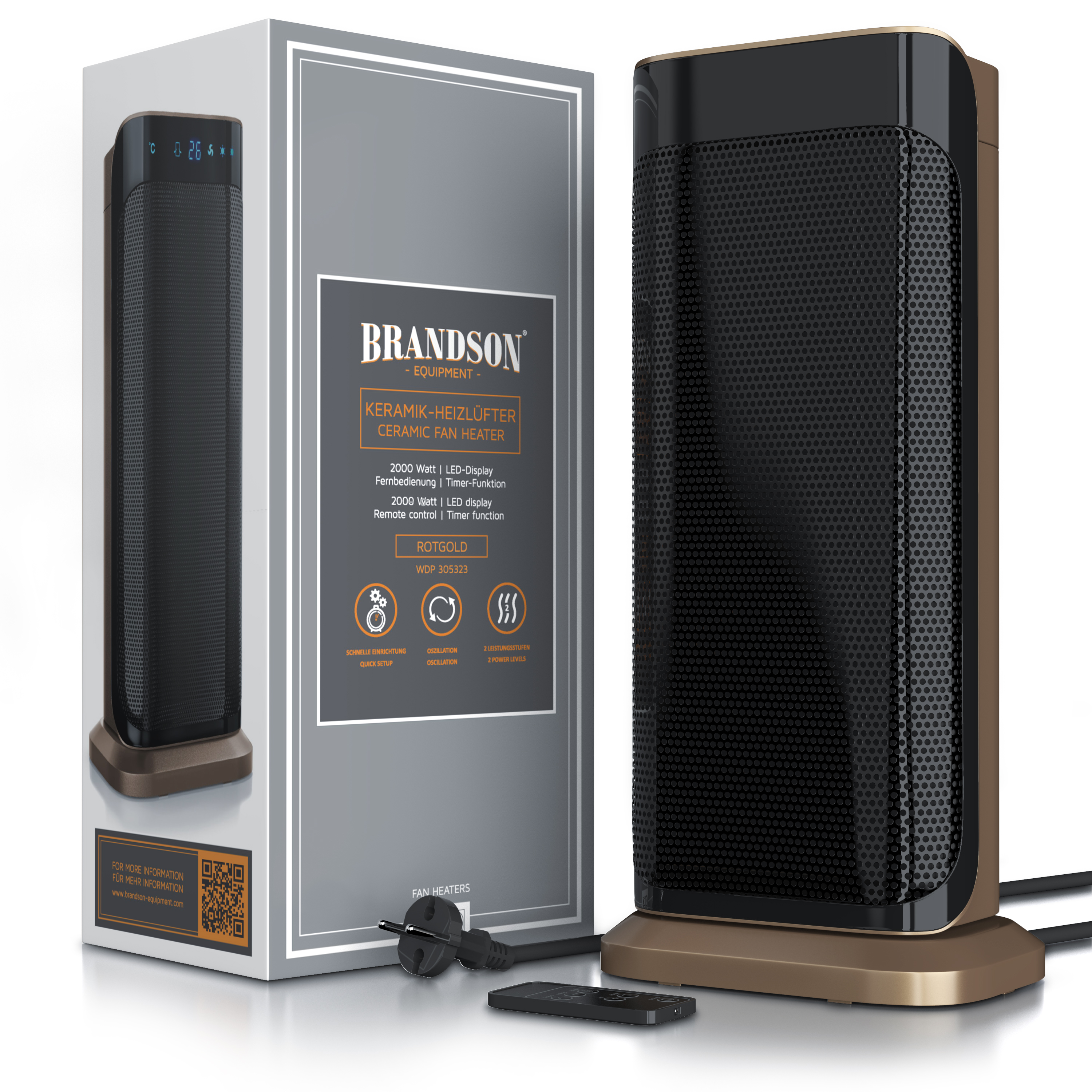 Keramik-Heizlüfter von Brandson in Schwarz und Gold mit LED-Anzeige, Fernbedienung und Timer-Funktion, inklusive Verpackung.