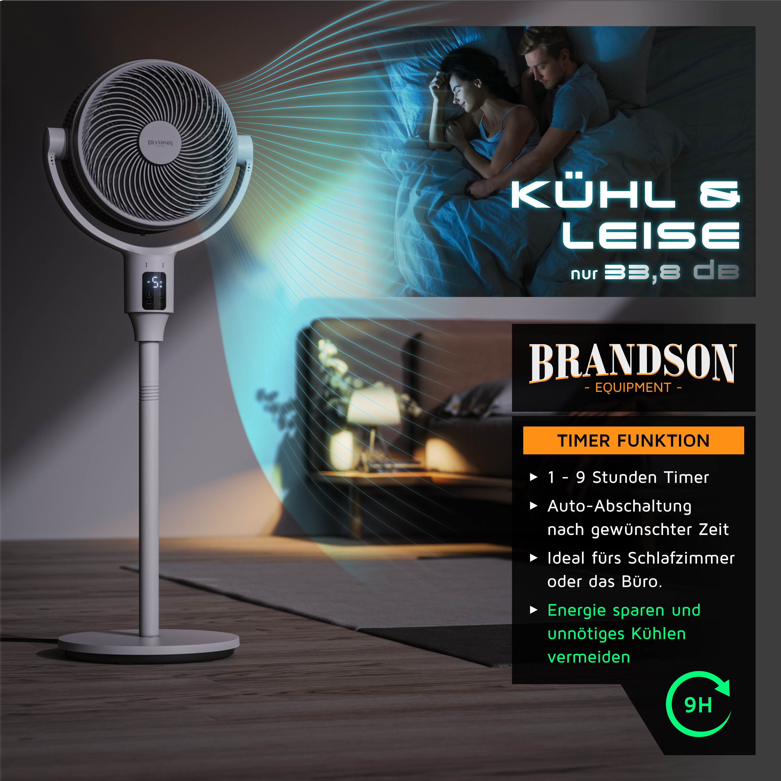 Standventilator von Brandson mit elegantem Design, weißer Farbe, Digitalanzeige und Timer-Funktion, ideal für den Einsatz im Schlafzimmer oder im Büro.