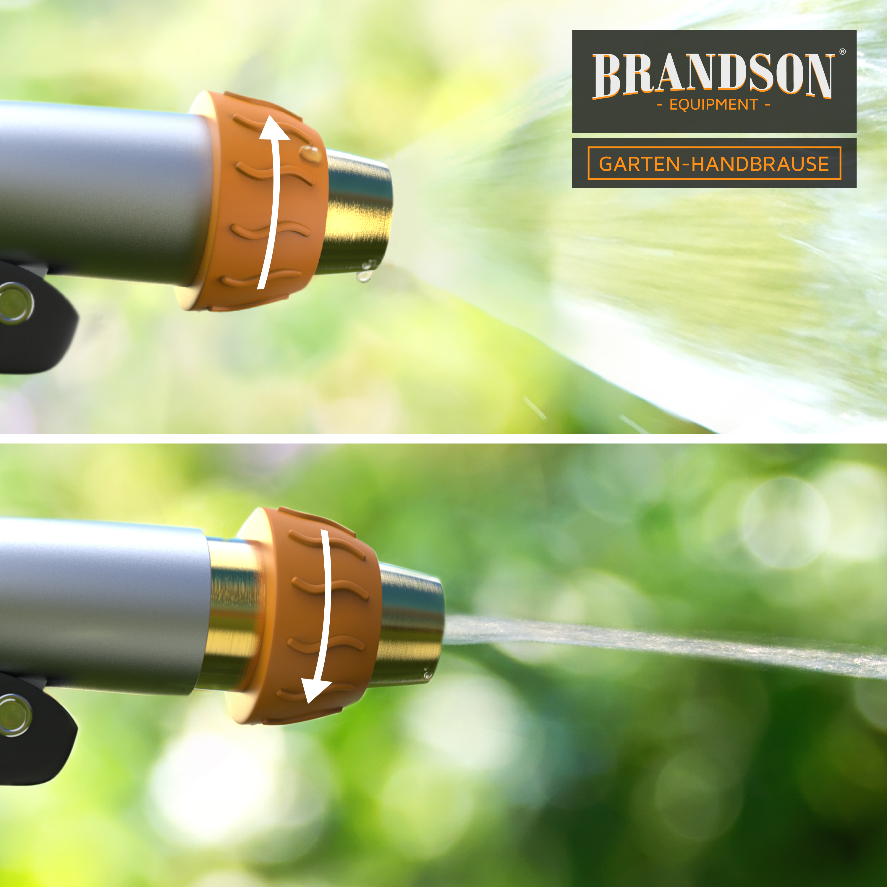 Brandson Garten-Handbrause mit verstellbarem Sprühkopf und rutschfestem Griff in Orange und Silber, ideal für die Gartenbewässerung.