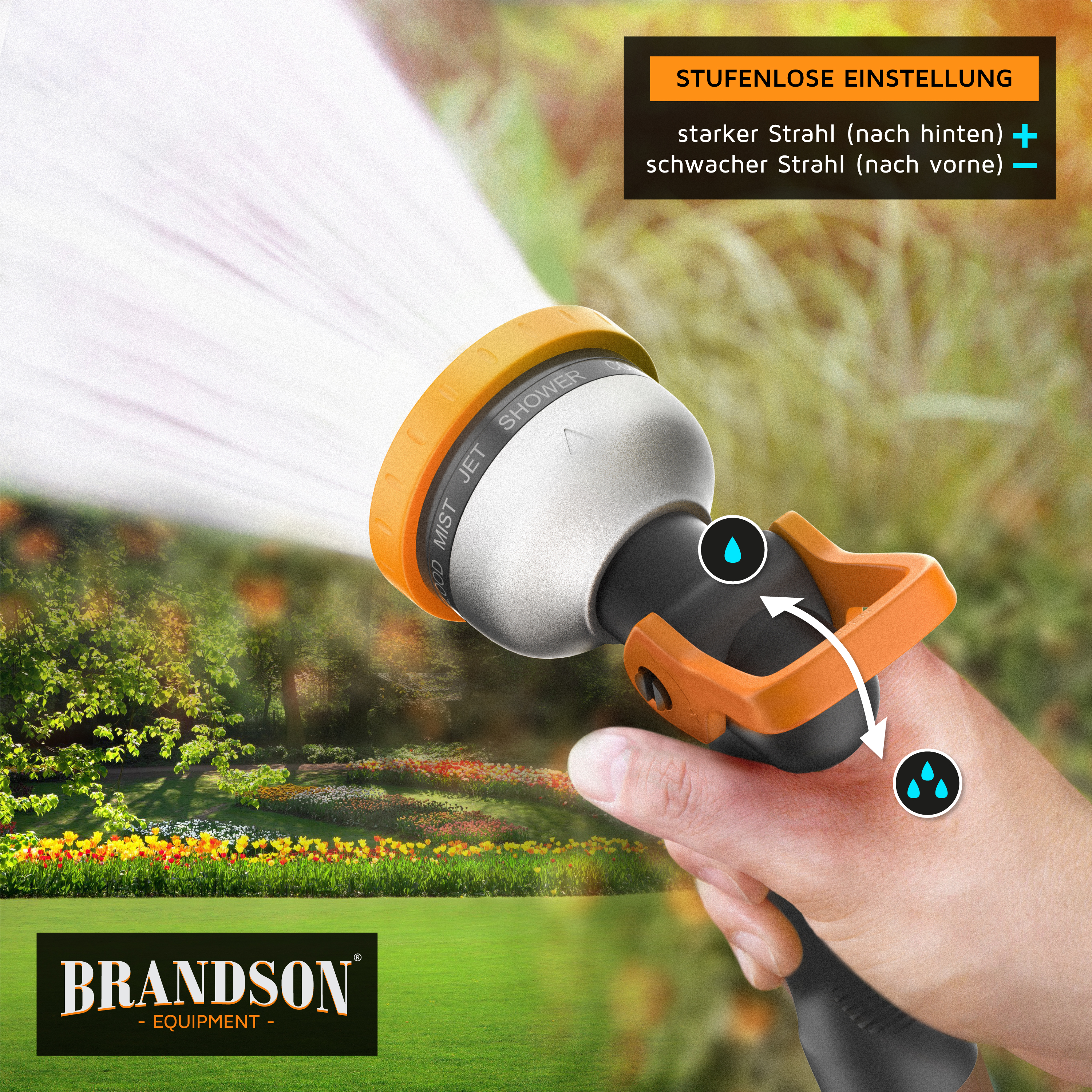 Gartenschlauchdüse von Brandson mit einstellbaren Sprüheinstellungen, silbernem Kopf und orangefarbenem Griff, abgebildet in einer Gartenumgebung.