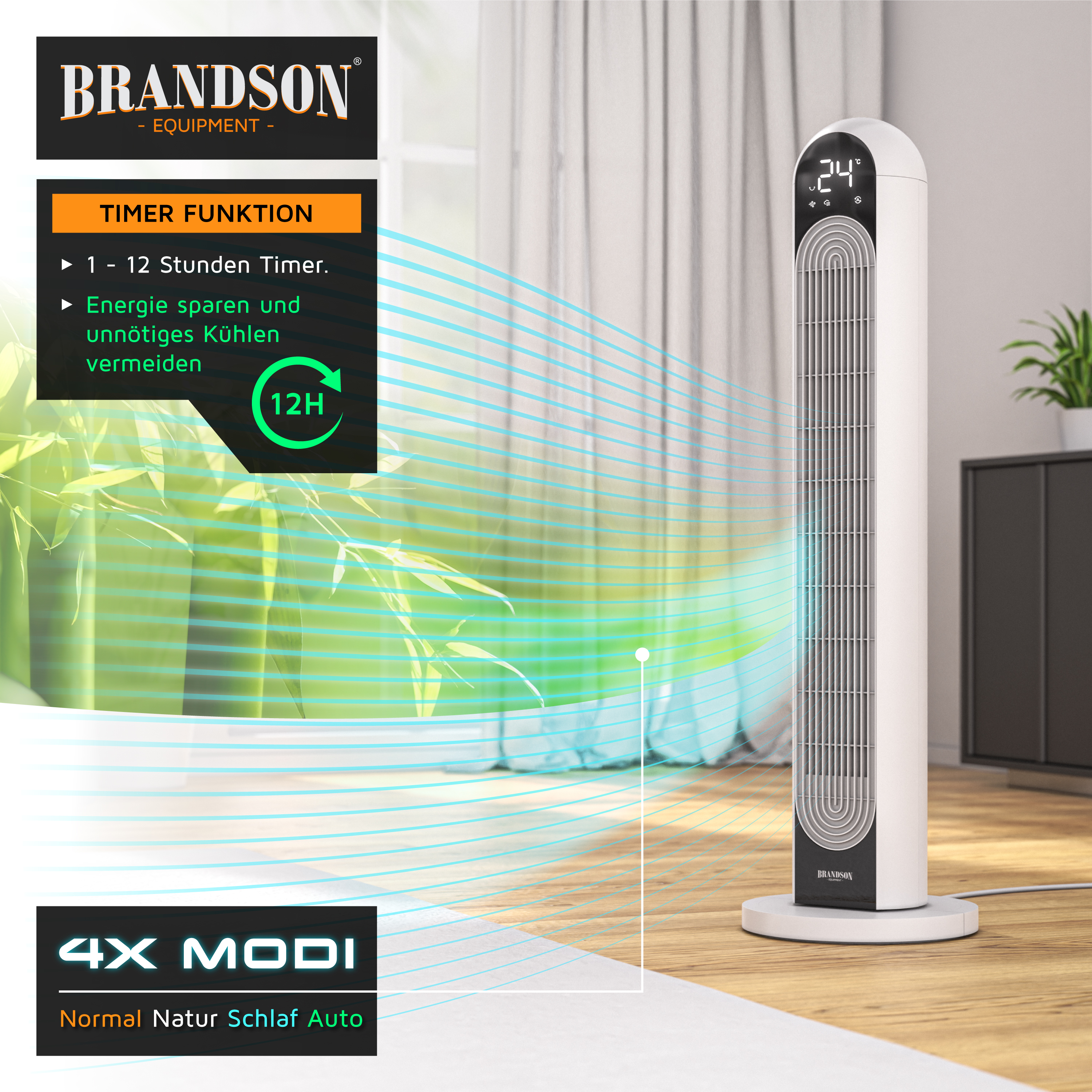 Brandson Turmventilator in Weiß mit Digitalanzeige, Timerfunktion und mehreren Modi, platziert in einem hellen Wohnzimmerambiente.