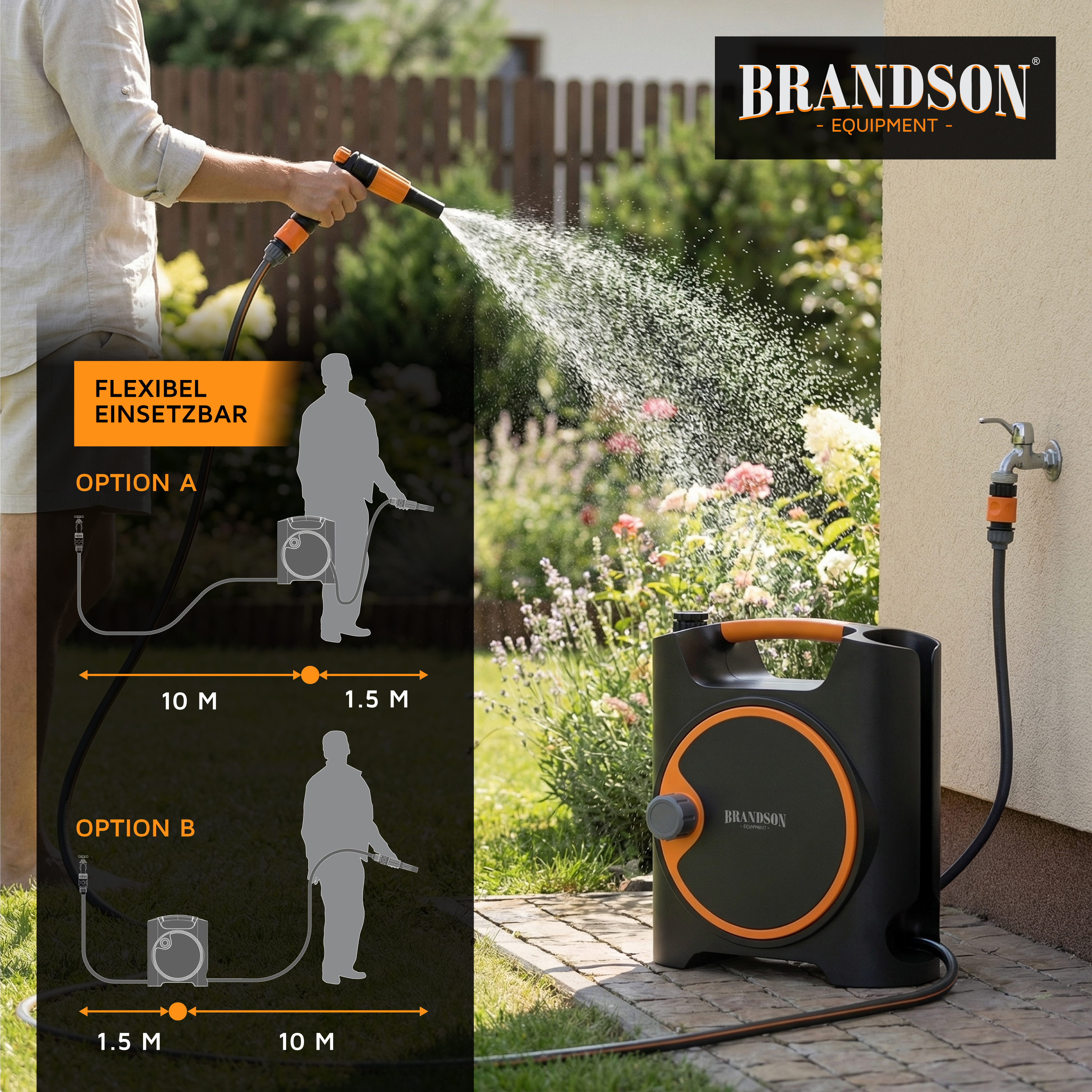 Brandson Gartenschlauchsystem mit flexibler Nutzung, schwarzer Farbe und orangefarbenen Akzenten, im Einsatz zur Bewässerung von Pflanzen.
