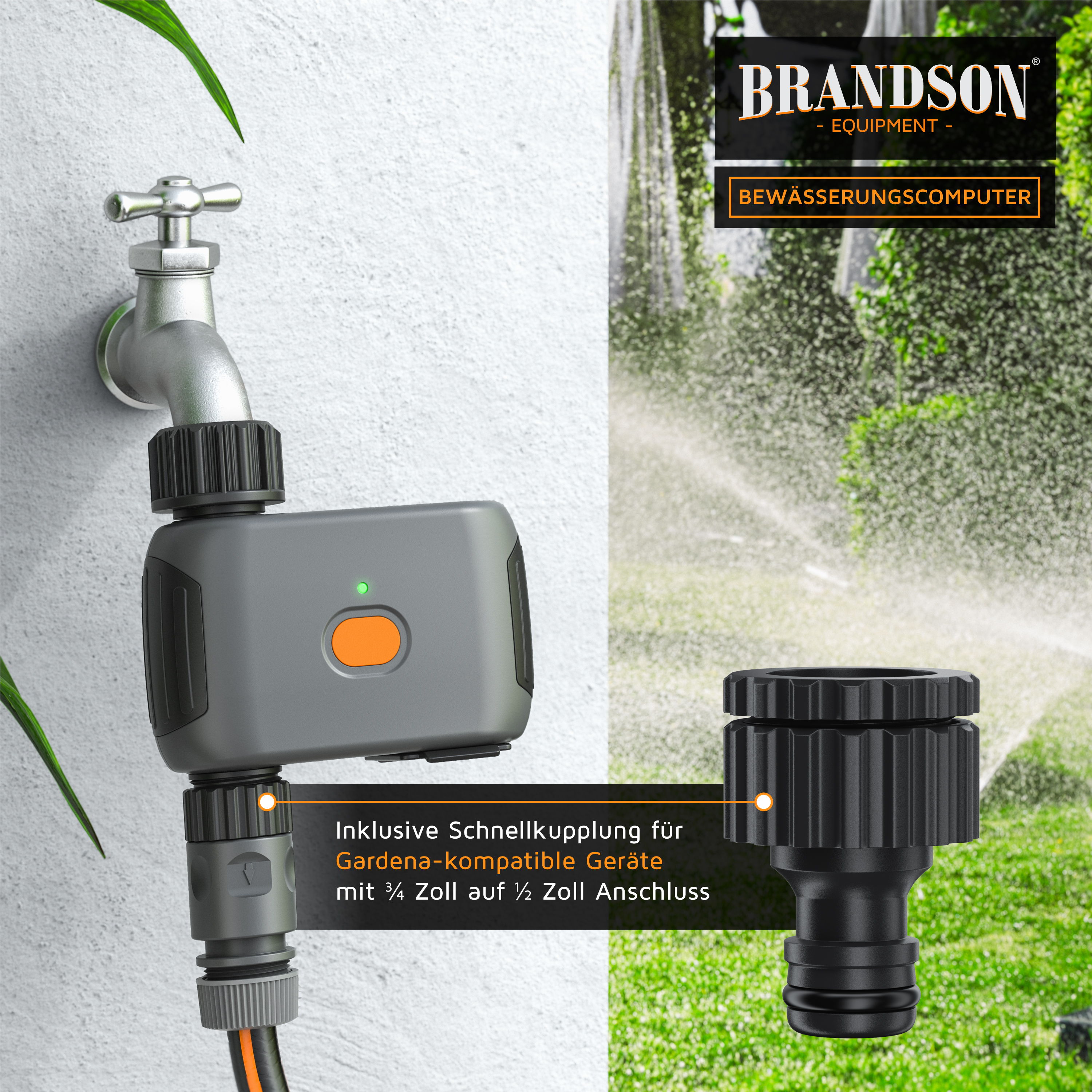 Brandson Bewässerungscomputer mit grauem Gehäuse, orangefarbener Taste und Schnellkupplung für Gardena-kompatible Geräte.