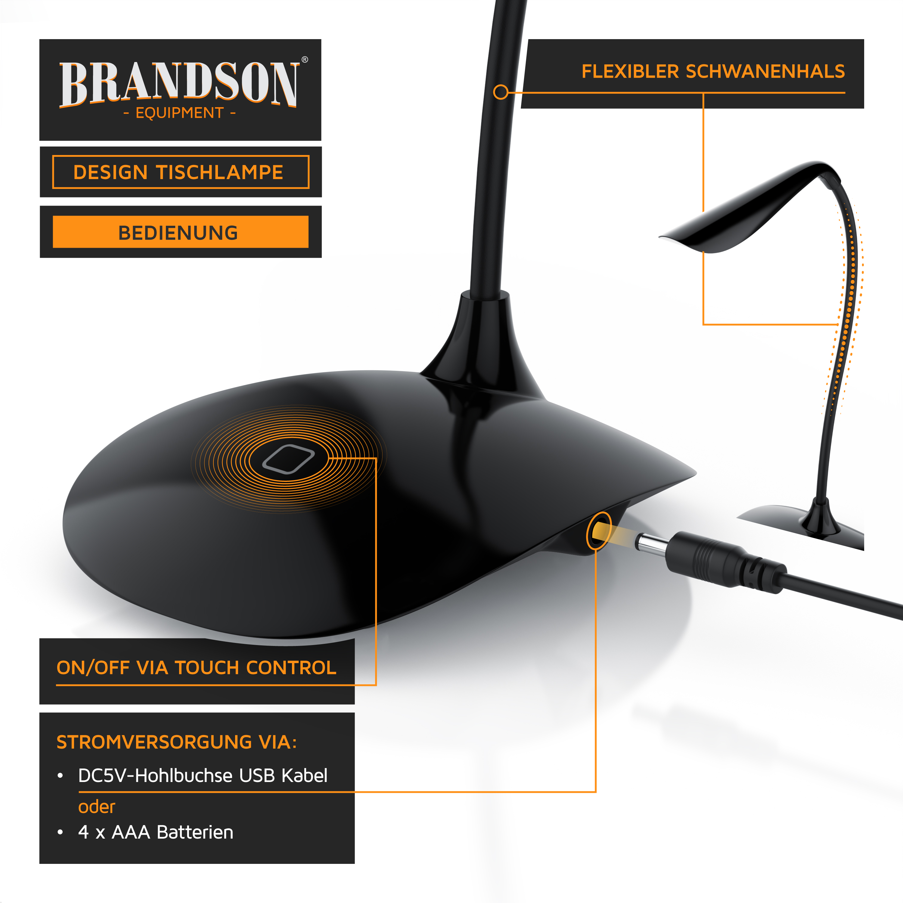 Design-Tischlampe von Brandson mit flexiblem Schwanenhals, schwarzem Sockel, Touch-Steuerung zum Ein-/Ausschalten und USB-Stromversorgungsoption.