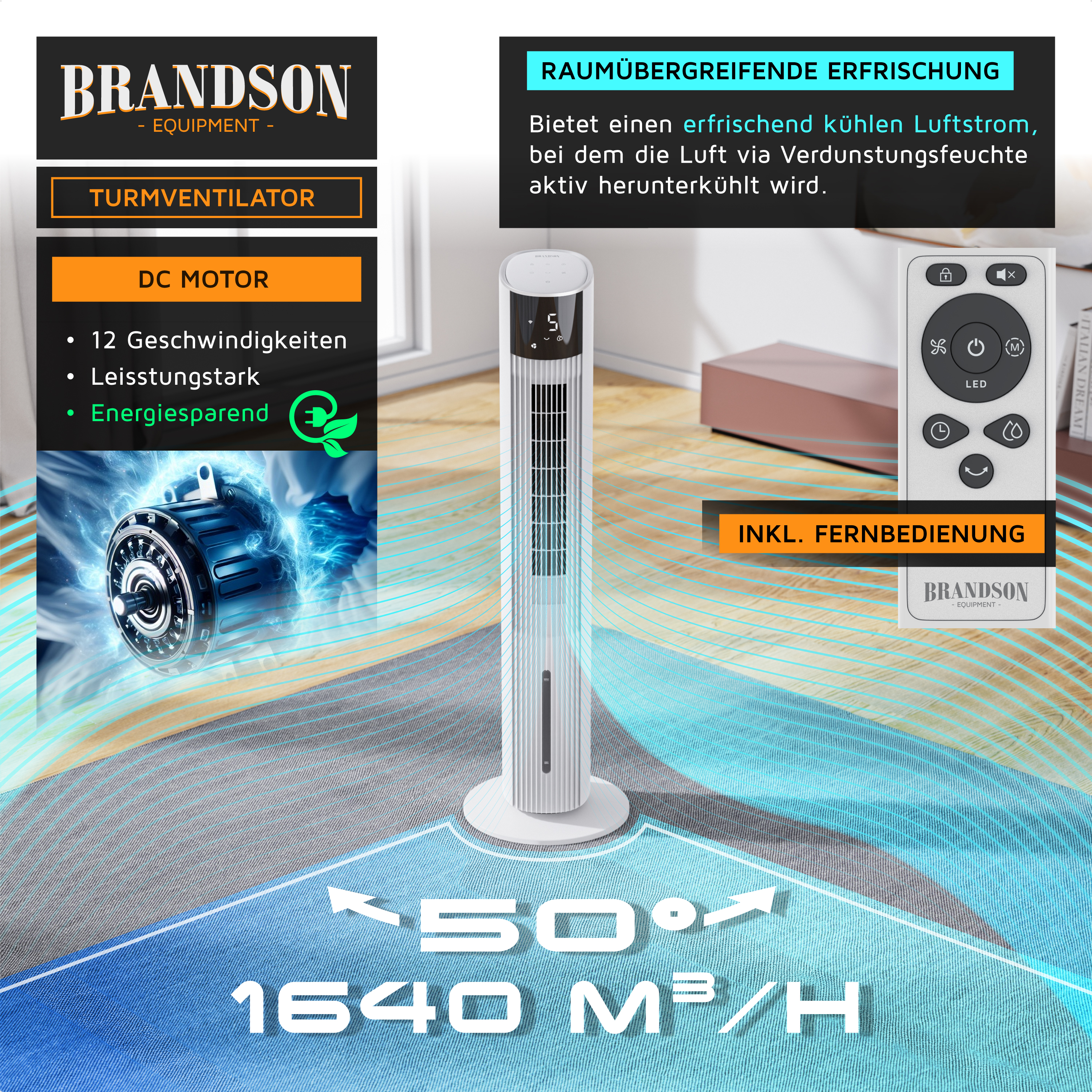 Brandson Turmventilator in Weiß mit DC Motor, 12 Geschwindigkeiten, inkl. Fernbedienung und modernes Bedienfeld.