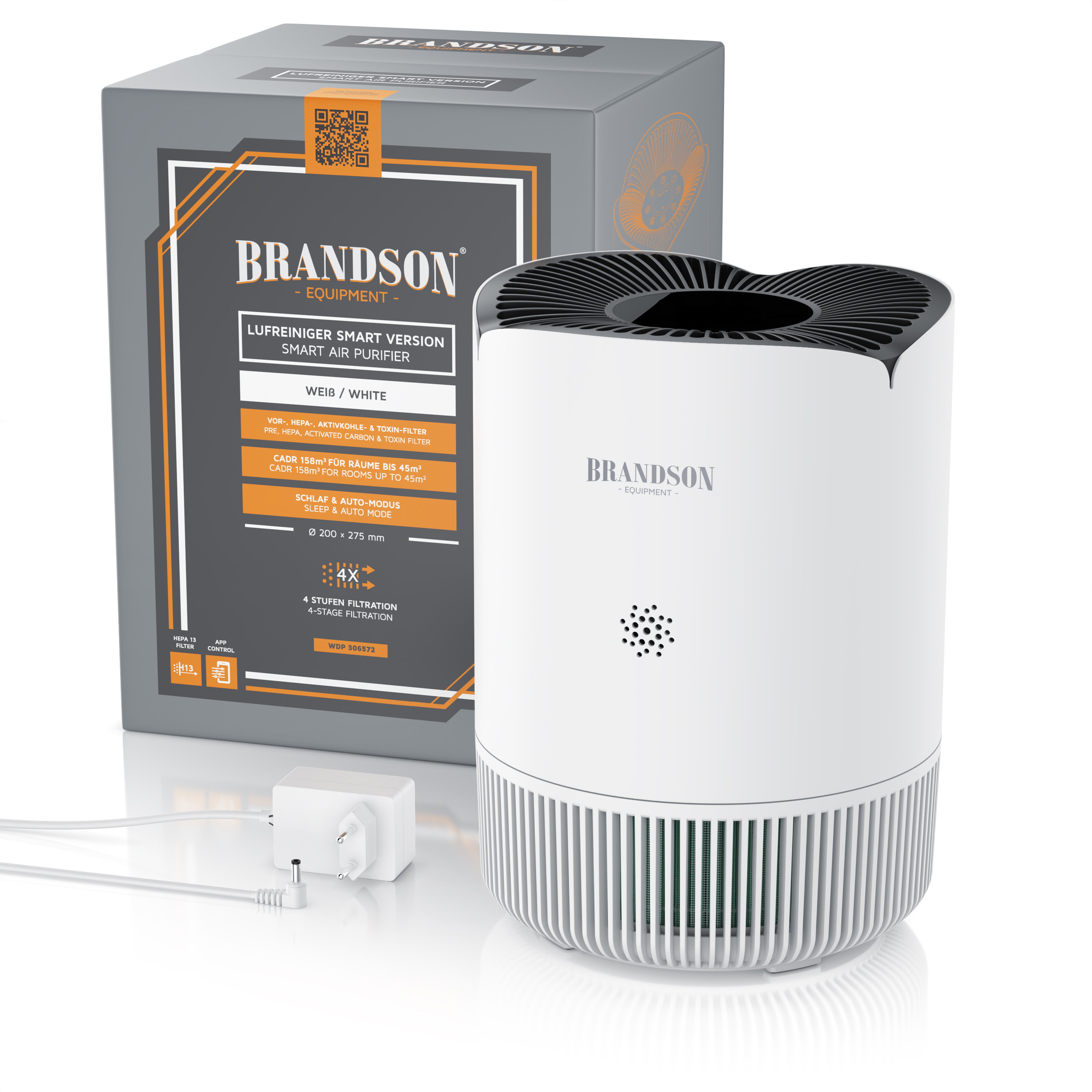 Brandson-Luftreiniger in Weiß mit elegantem Design, mit Bedienfeld, Filteranzeige und mitgeliefertem Netzteil, inklusive Verpackung.