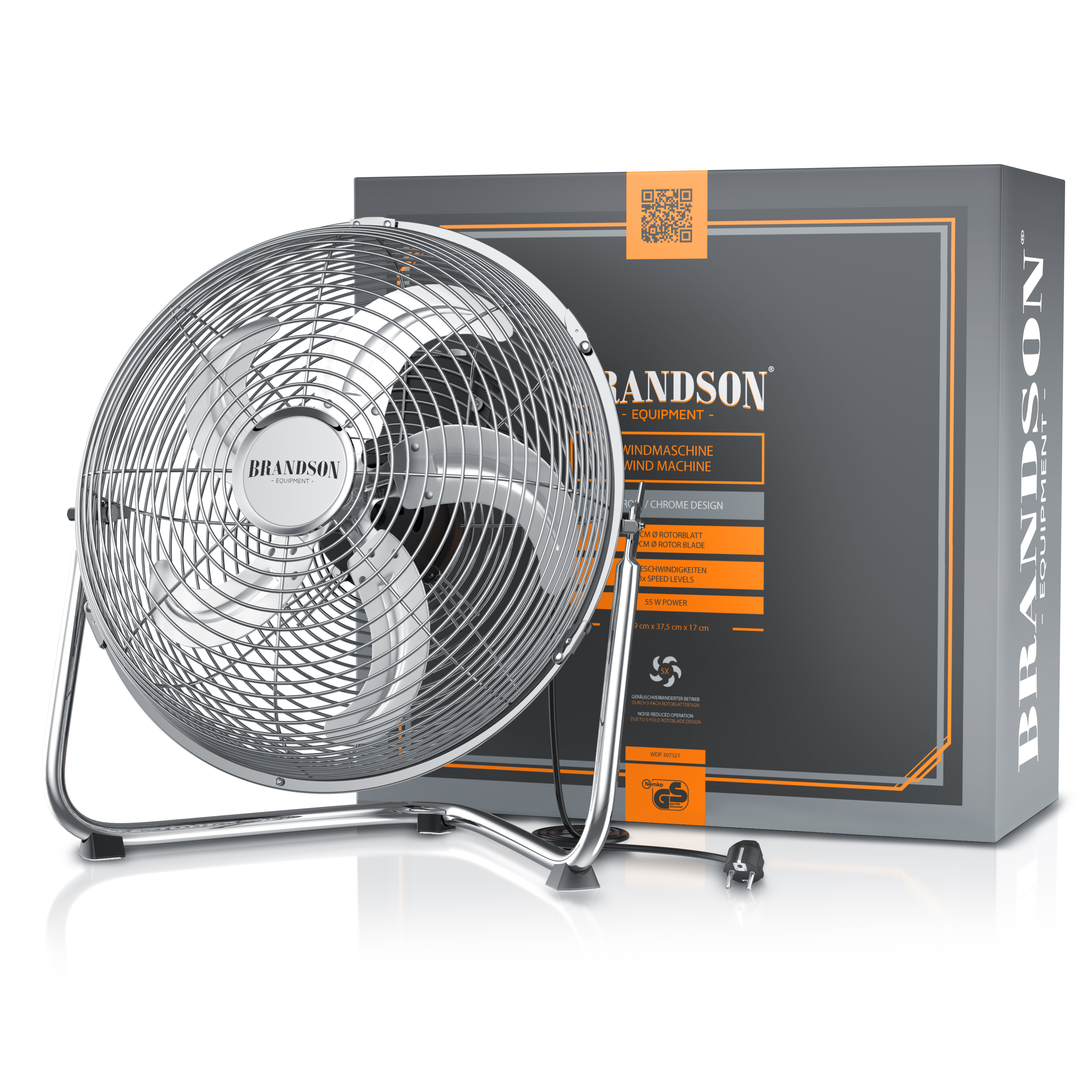 Windmaschine von Brandson mit Chromdesign, stabilem Metallrahmen und sichtbarem Netzkabel, abgebildet neben der Verpackung.