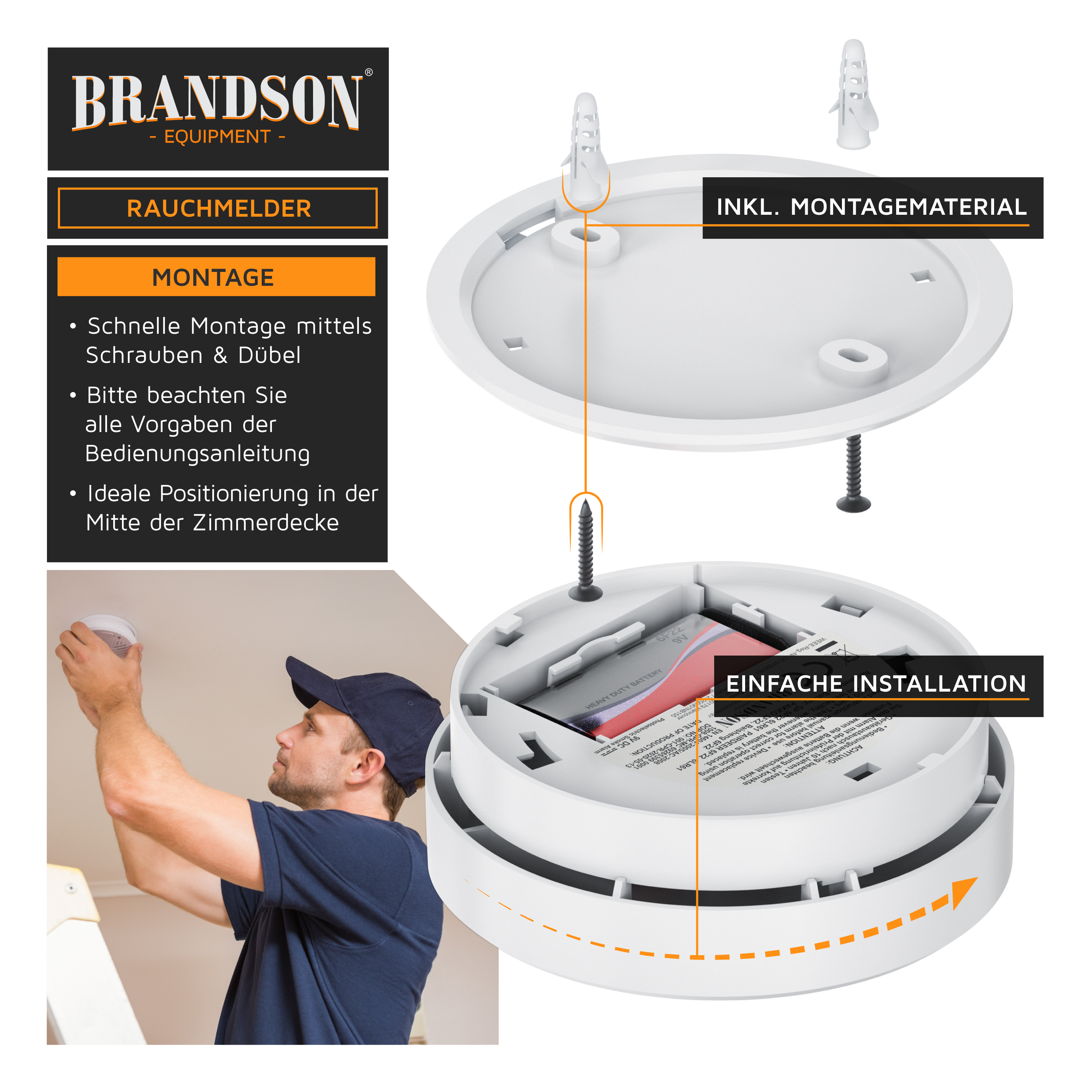Brandson Rauchmelder mit Montageanleitung, inklusive Montagematerial und einfacher Installation, ideal für die Zimmerdecke.
