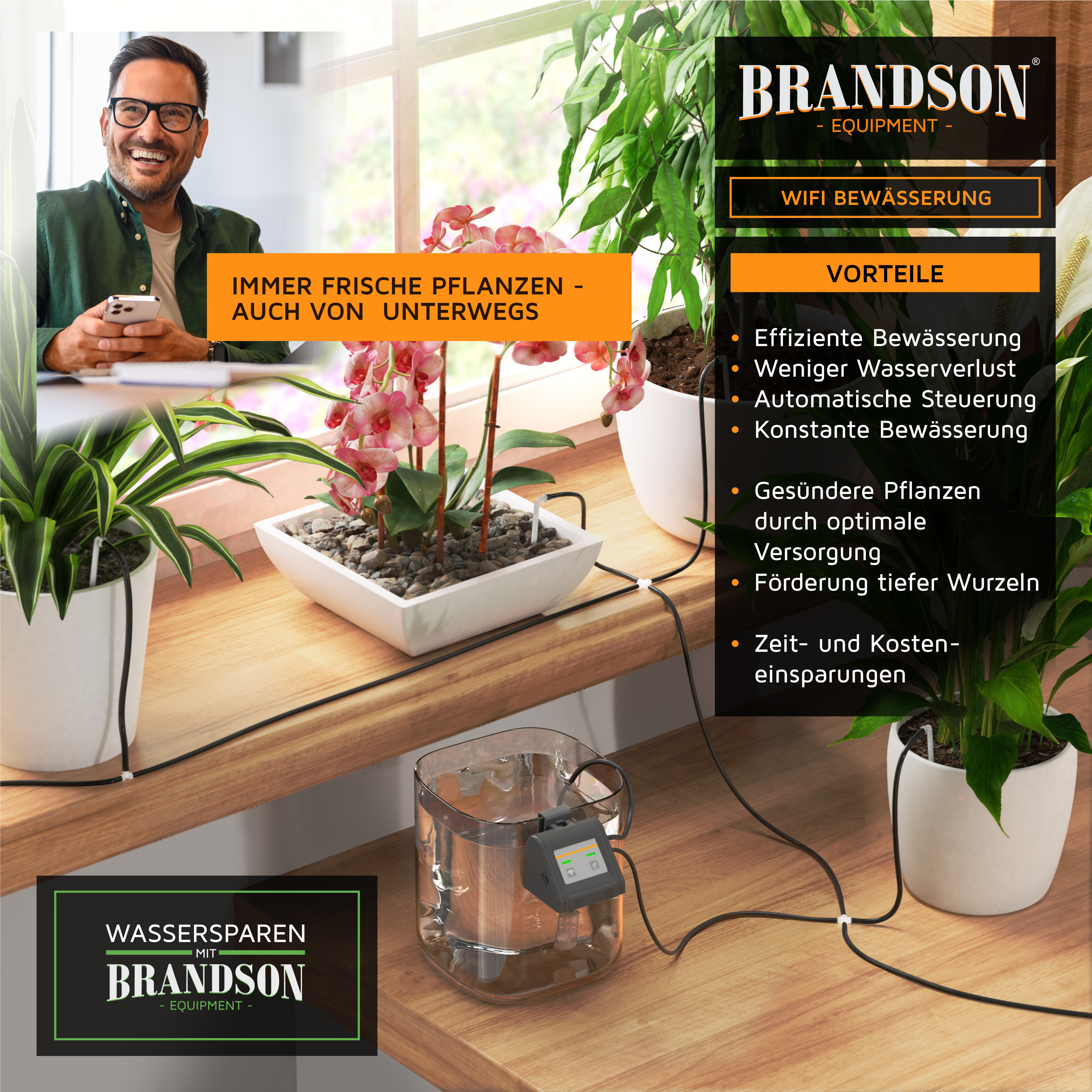 Brandson WiFi Bewässerungssystem mit digitalem Display, angeschlossen an Pflanzen auf einem Holzregal, sorgt für effiziente Bewässerung.