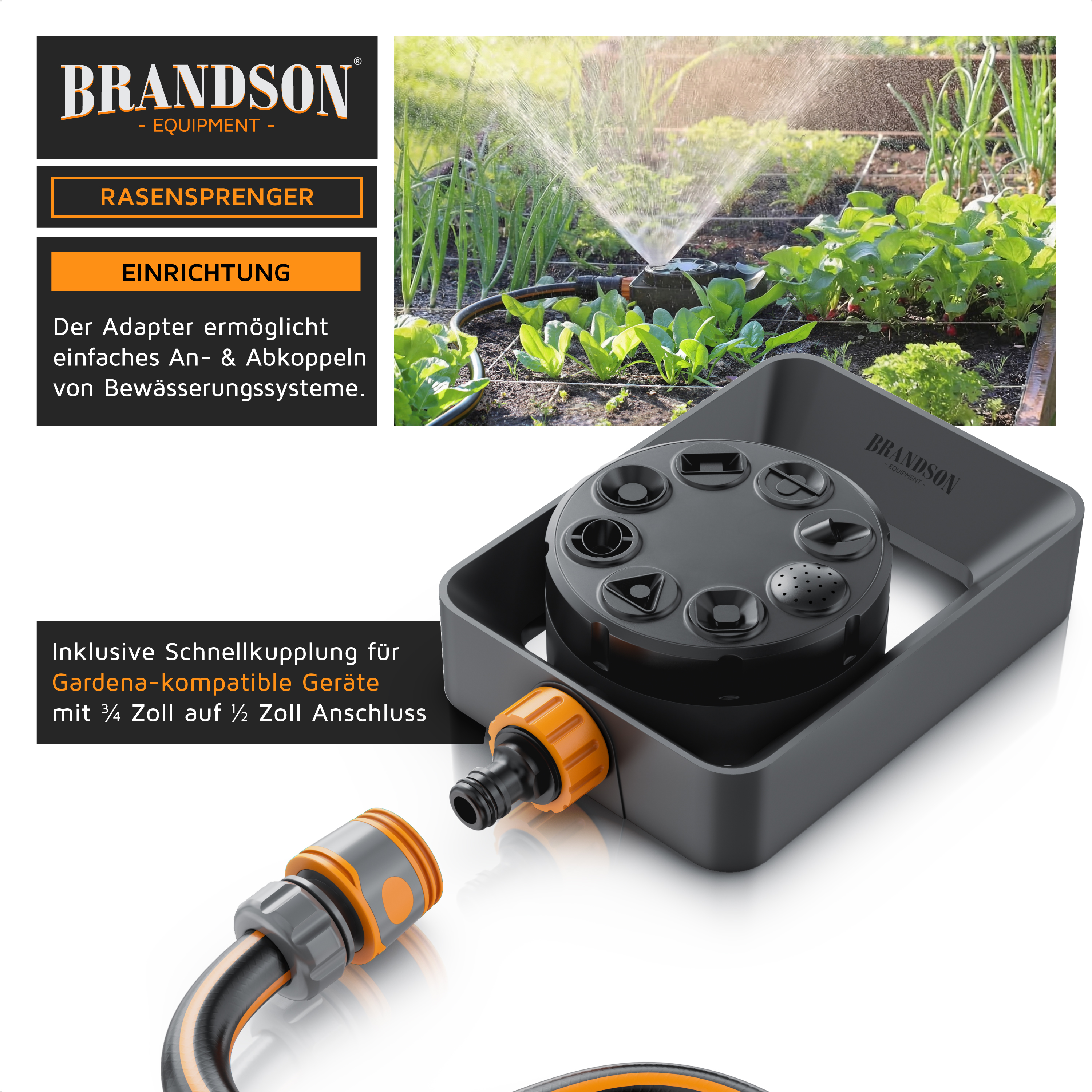 Brandson Rasensprenger mit Schnellkupplung, schwarzem Kunststoffkörper und Bedienelementen für einfache Nutzung im Garten.