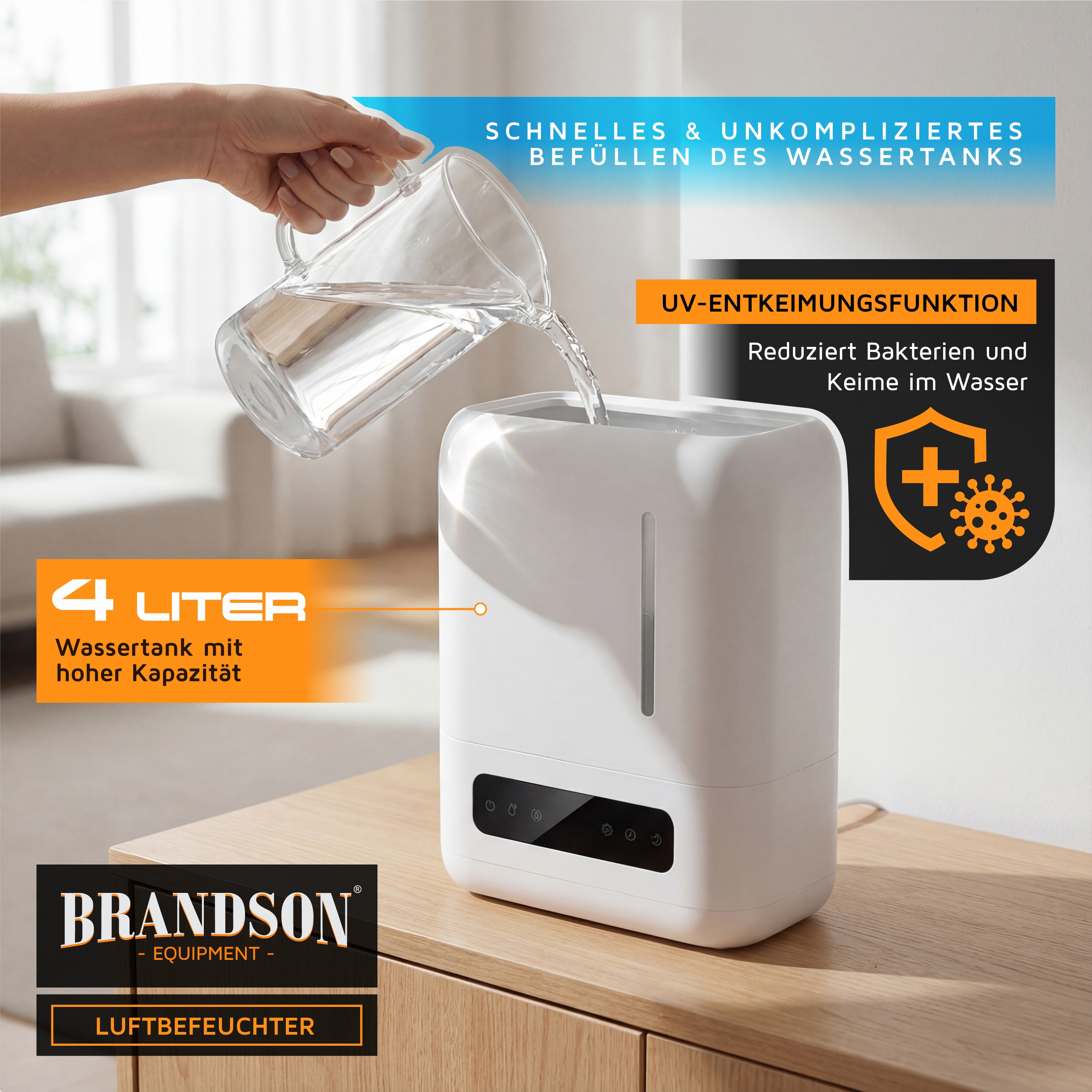 Brandson Luftbefeuchter mit 4-Liter-Wassertank, weißes Gehäuse, Bedienfeld und UV-Entkeimungsfunktion, einfaches Befüllen.