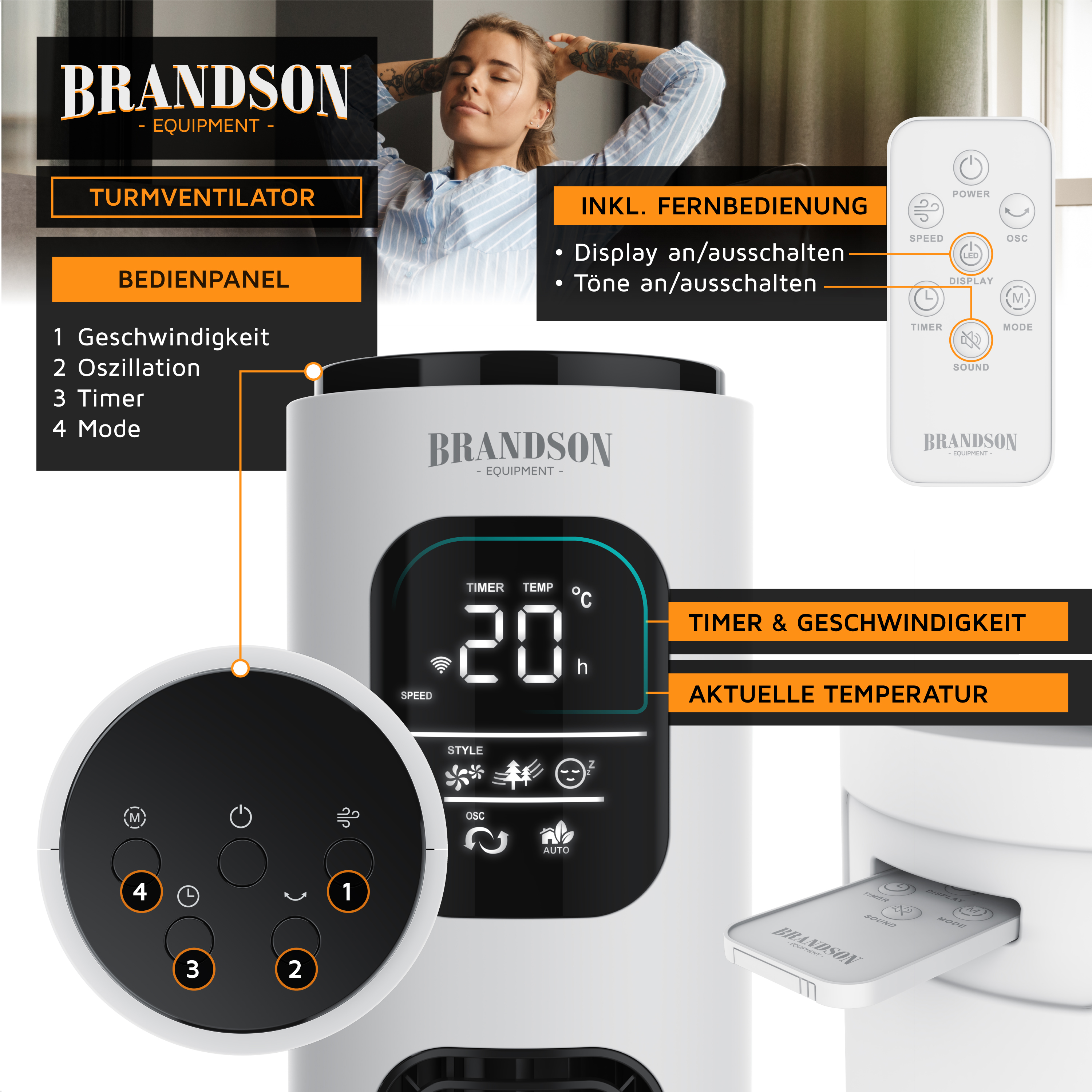 Brandson Turmventilator mit Bedienfeld, Fernbedienung und Display zur Anzeige von Temperatur und Timer.