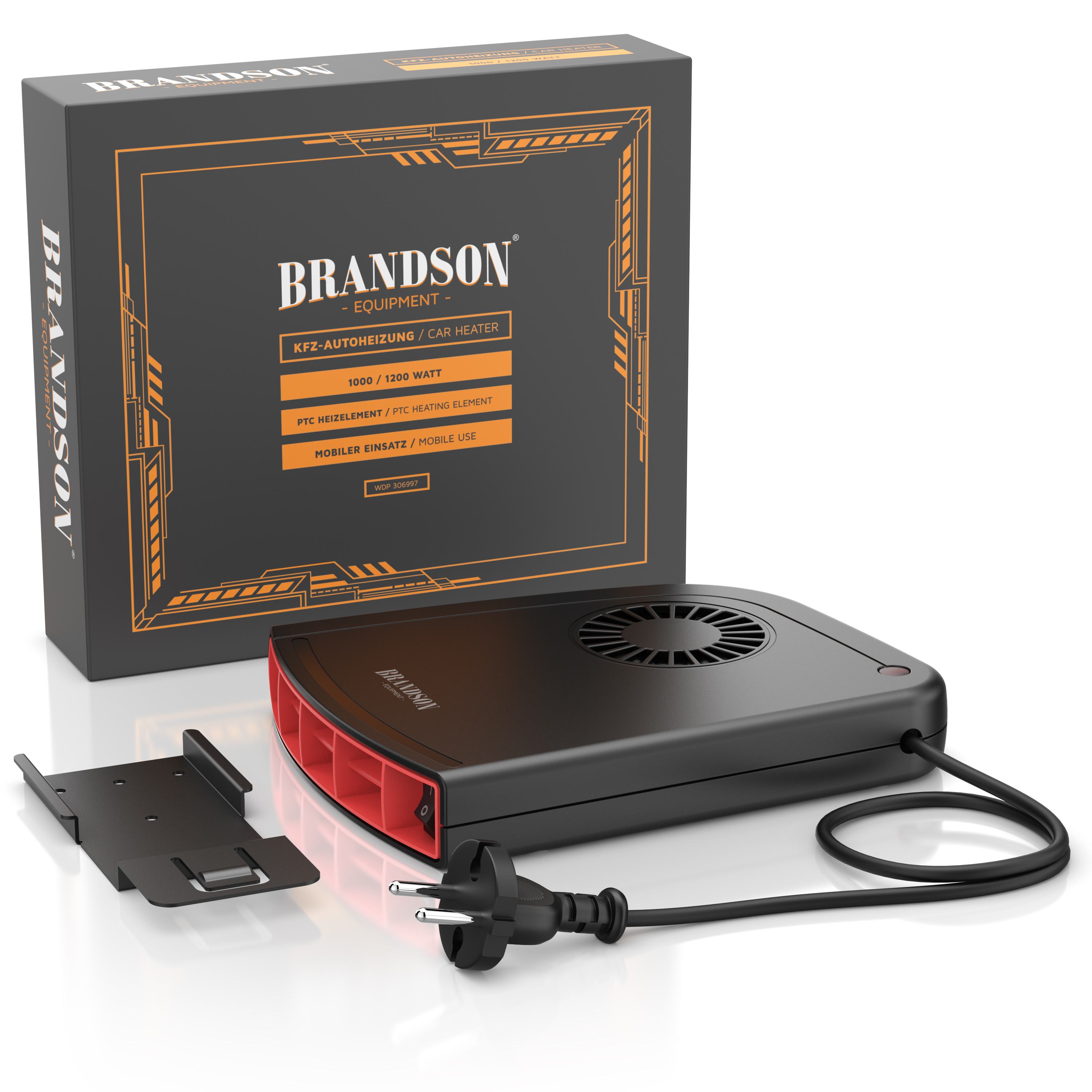 Autoheizung von Brandson im eleganten schwarzen Design mit rotem Lüftungsschlitz, Netzkabel und Montagehalterung, geeignet für den mobilen Einsatz.