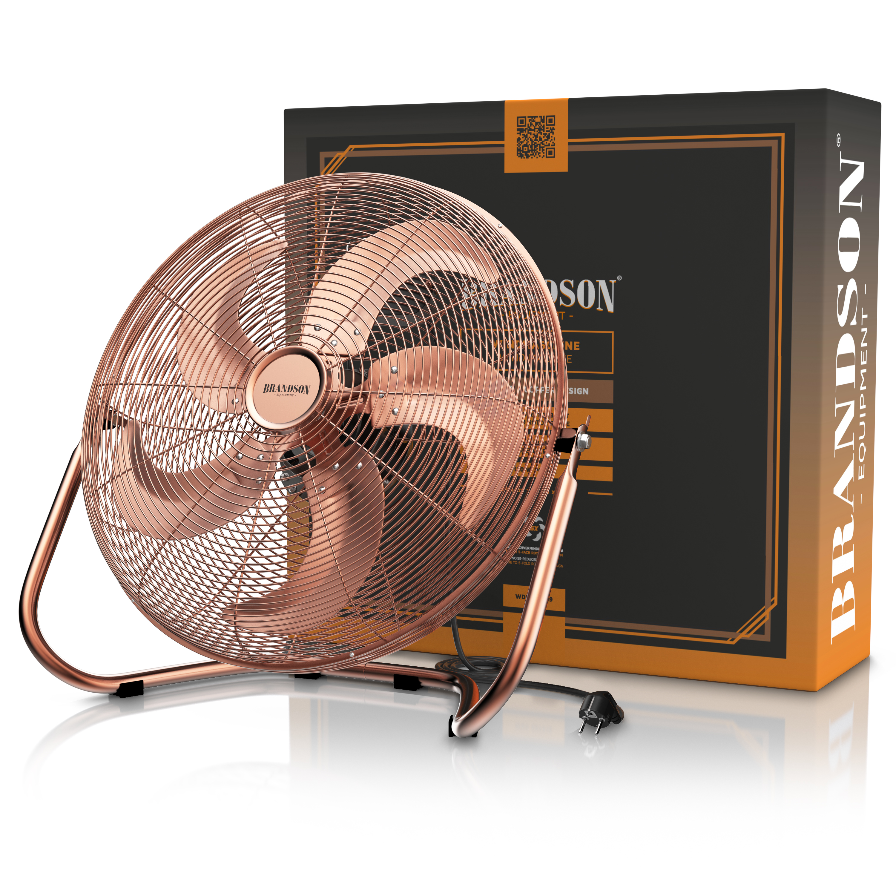 Brandson-Windmaschine mit kupferfarbenem Metallrahmen und großen Lüfterflügeln, positioniert neben der Verpackung.