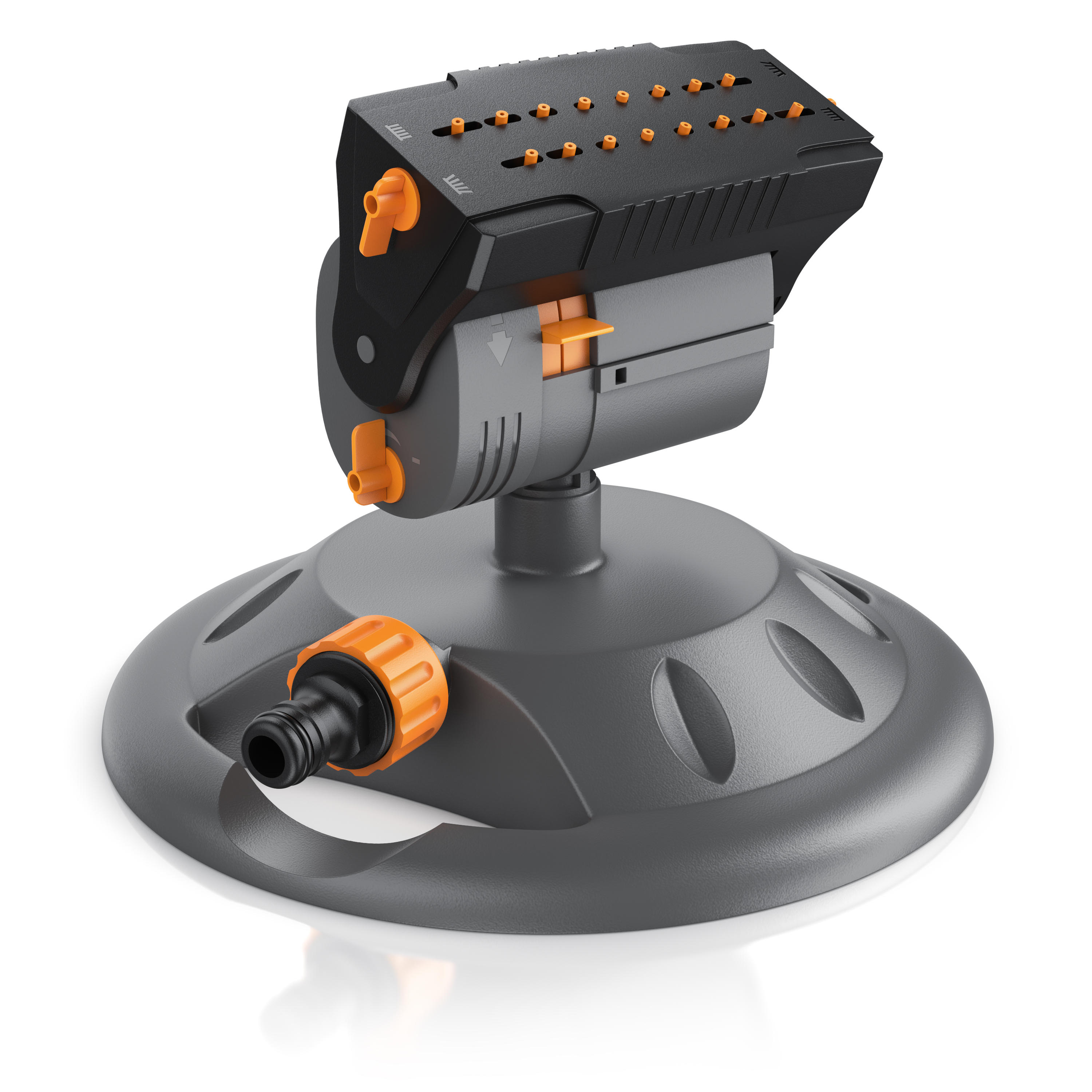 Brandson Sprinkler mit grauem Standfuß und orangefarbenen Bedienelementen, ideal für die Gartenbewässerung.