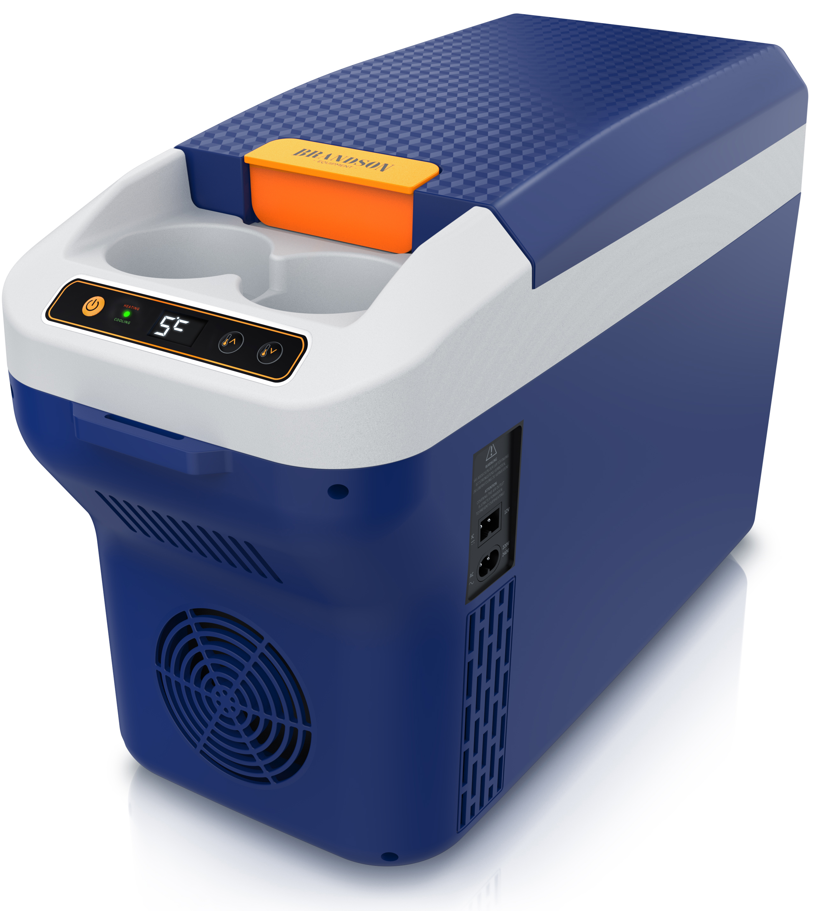 Brandson elektrische Kühlbox in Blau mit digitalem Display, Bedienfeld und seitlichem Lüftungsgitter, ideal für unterwegs.