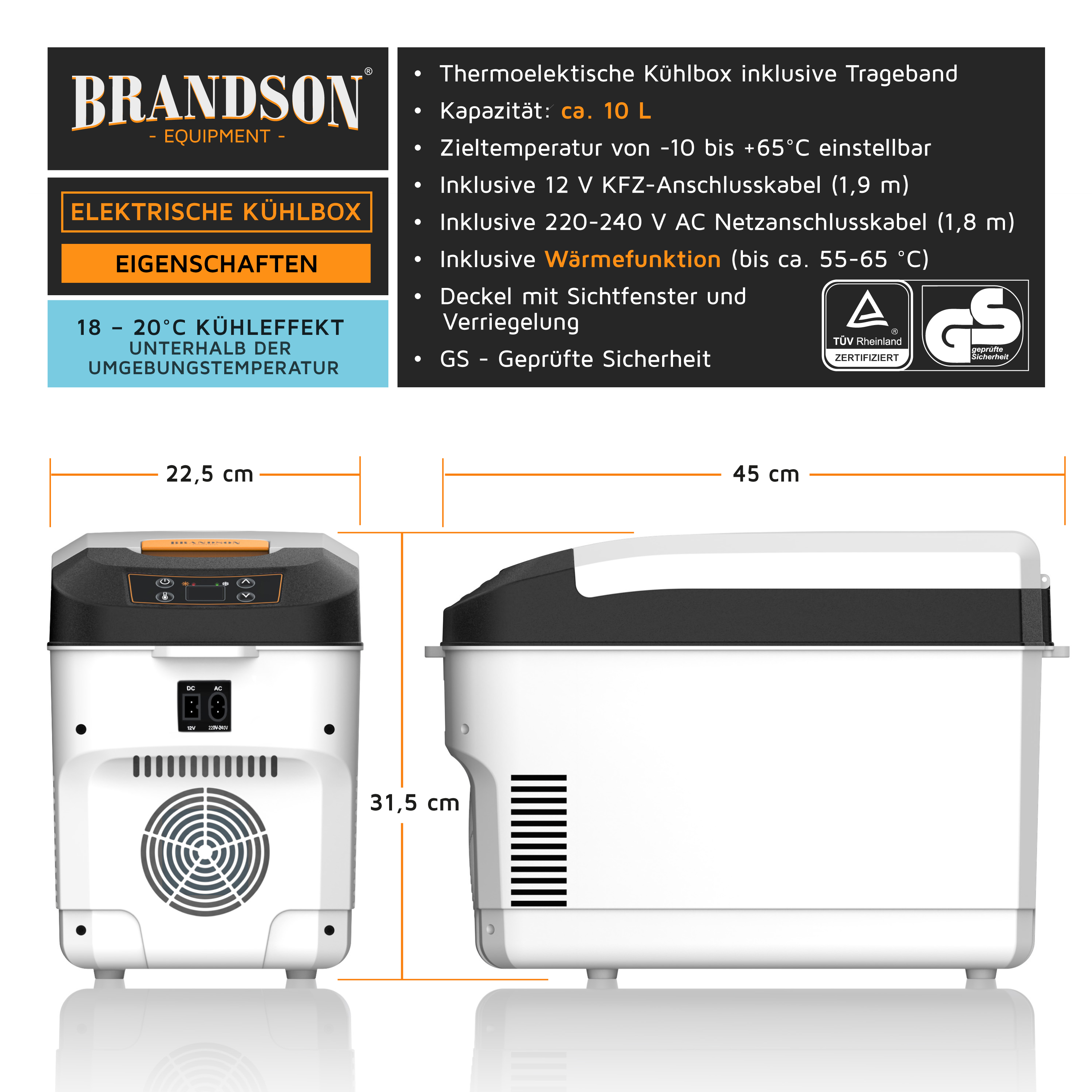 Brandson elektrische Kühlbox mit Tragband, schwarzem Deckel, Sichtfenster, Bedienfeld und Wärmefunktion, geeignet für bis zu 10 Liter.