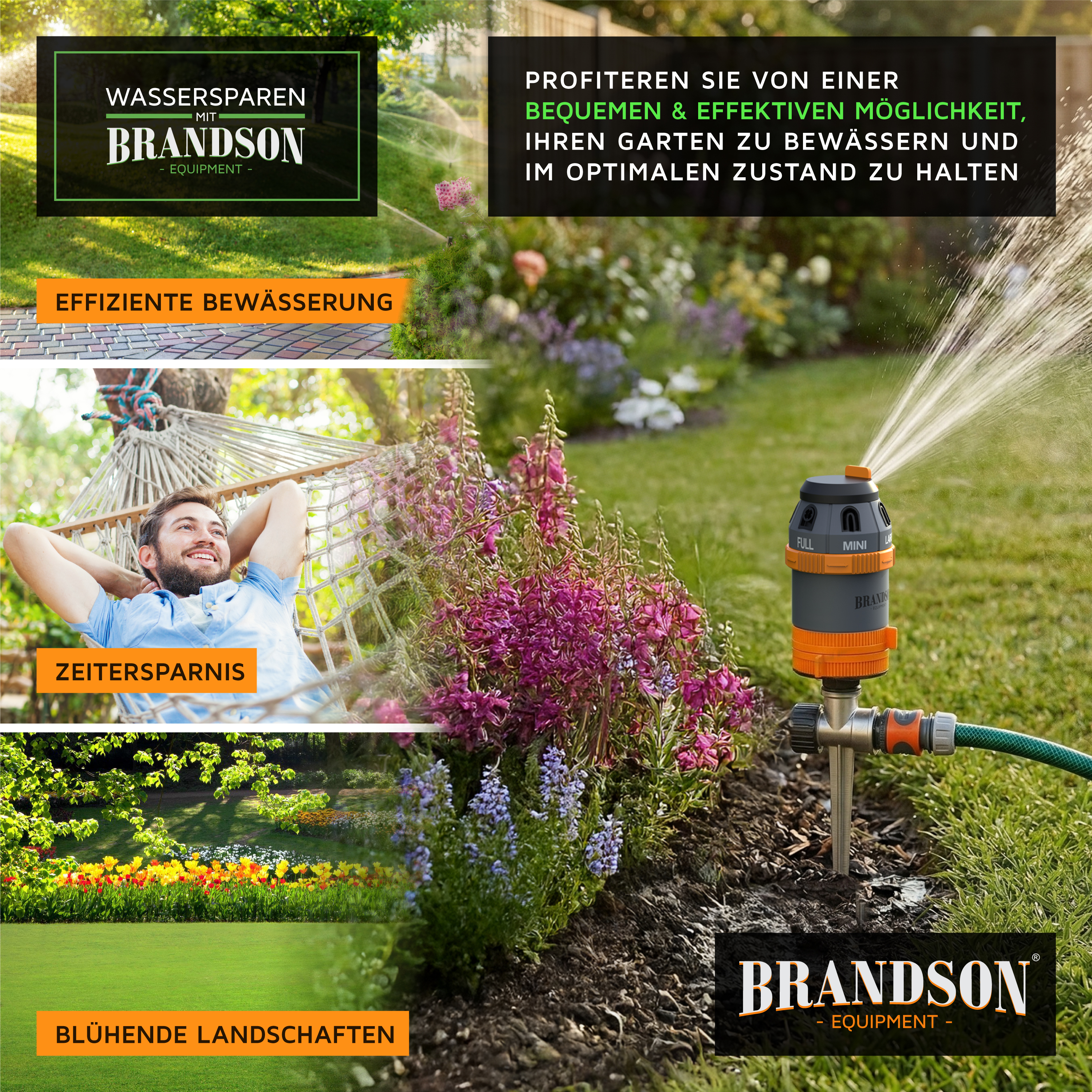 Brandson Bewässerungsgerät in grauer und orangefarbener Ausführung, mit Bedienfeld und Sprühfunktion, im Garten eingesetzt.