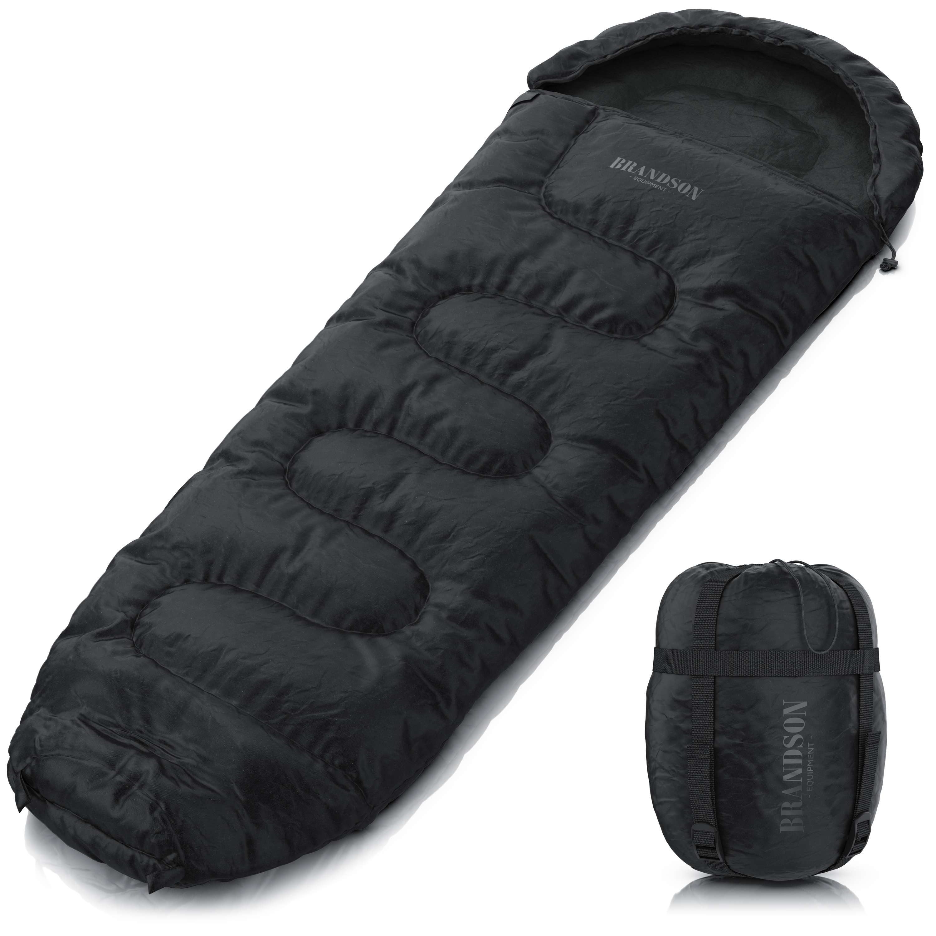 Brandson-Schlafsack in Schwarz mit gepolstertem Design, Kapuze und kompakter Tragetasche für einfachen Transport.