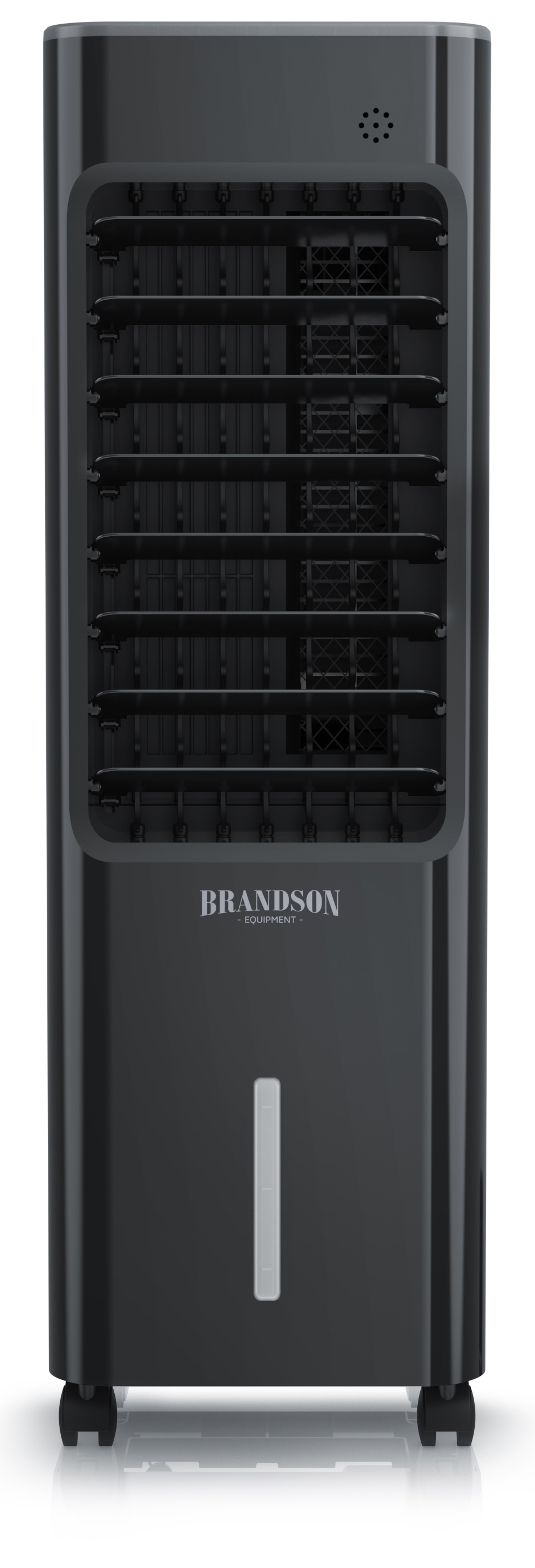 Brandson Turmventilator in Schwarz mit einem modernen Design, sichtbarem Bedienfeld und Rollen für einfache Mobilität.