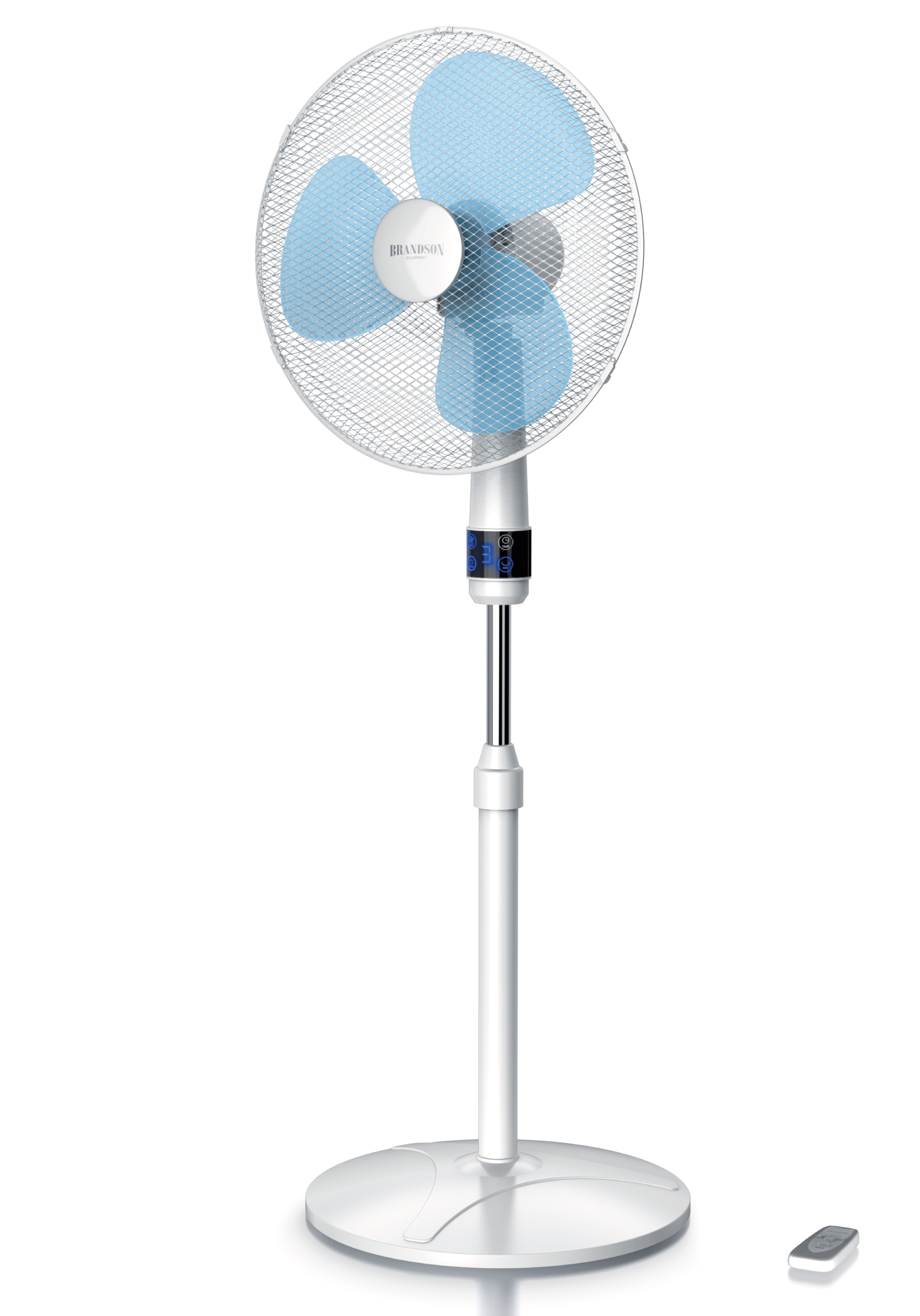 Standventilator von Brandson mit elegantem weißem Design, blauen Flügeln, Fernbedienung und höhenverstellbarer Funktion.