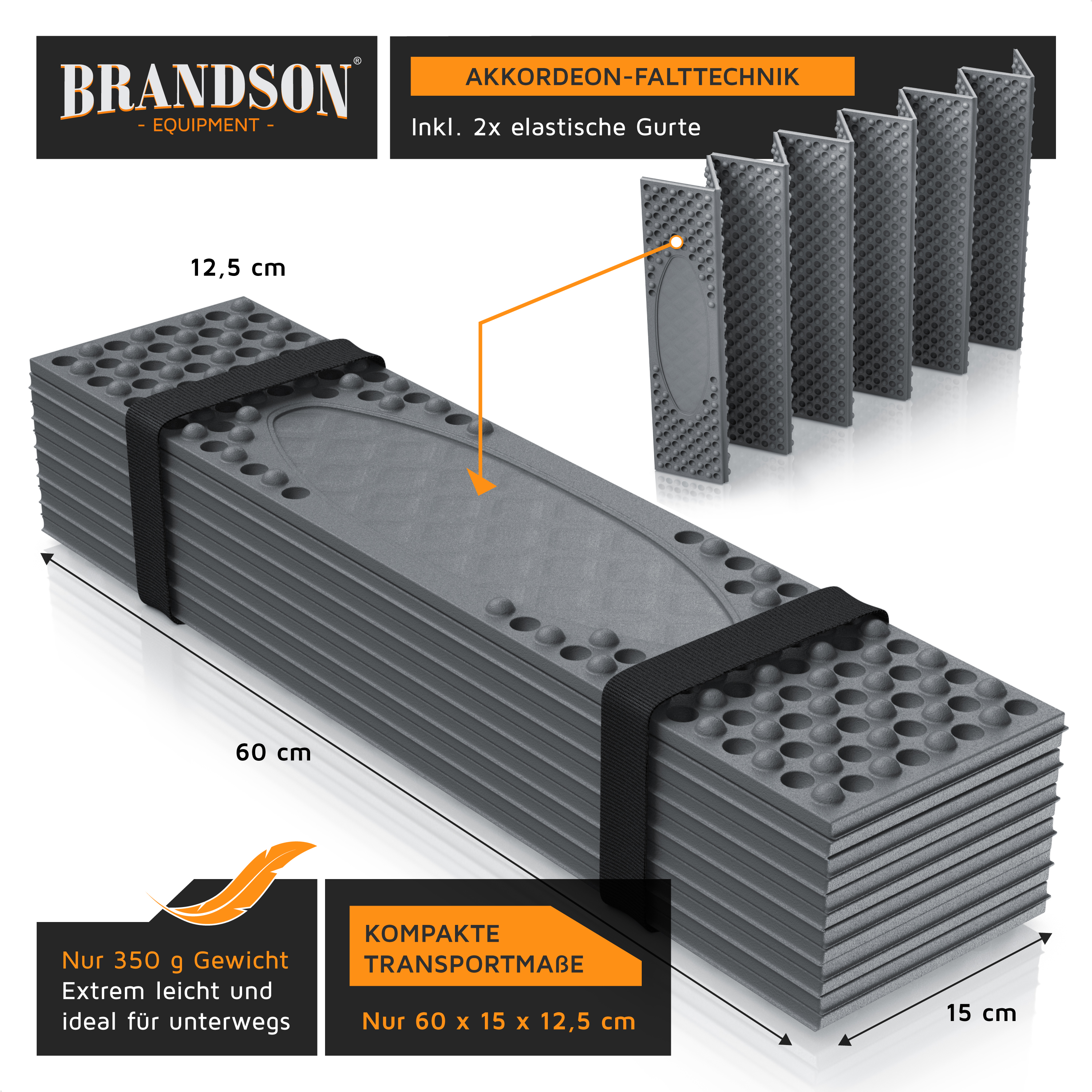 Brandson Akkordeon-Falttechnik in grau mit zwei elastischen Gurten, kompakt und leicht für den Transport, ideal für unterwegs.