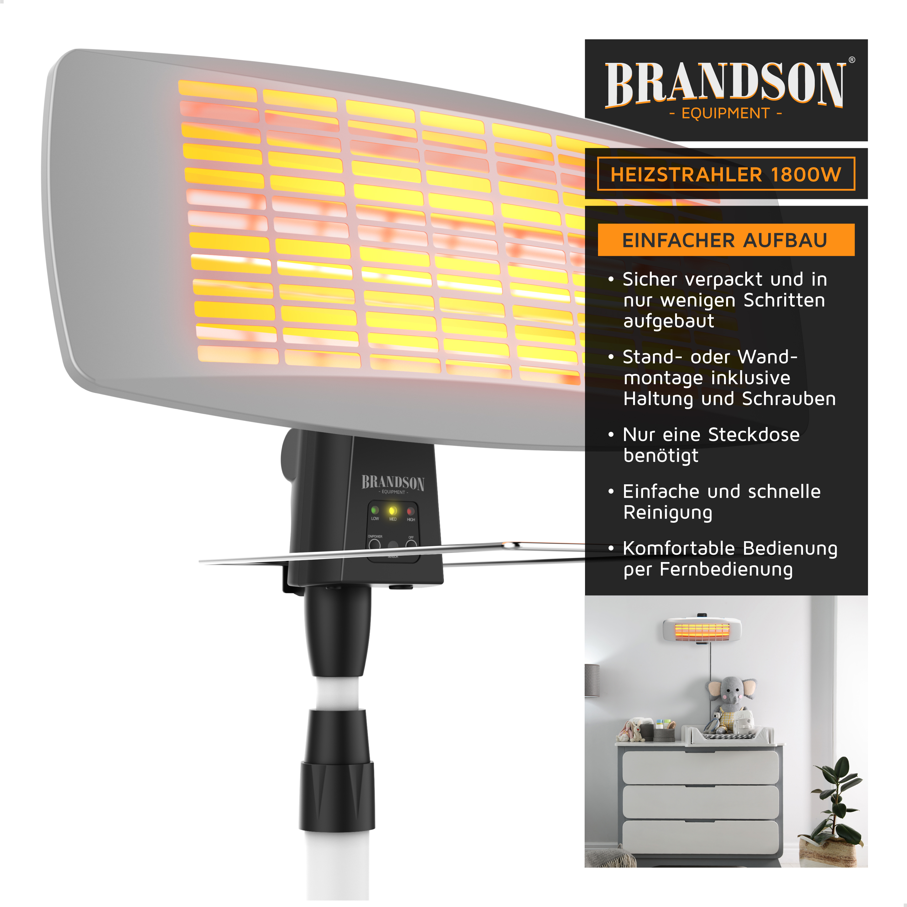 Brandson Heizstrahler mit 1800 W, geeignet für Stand- oder Wandmontage, verfügt über ein Bedienfeld und eine Fernbedienung.