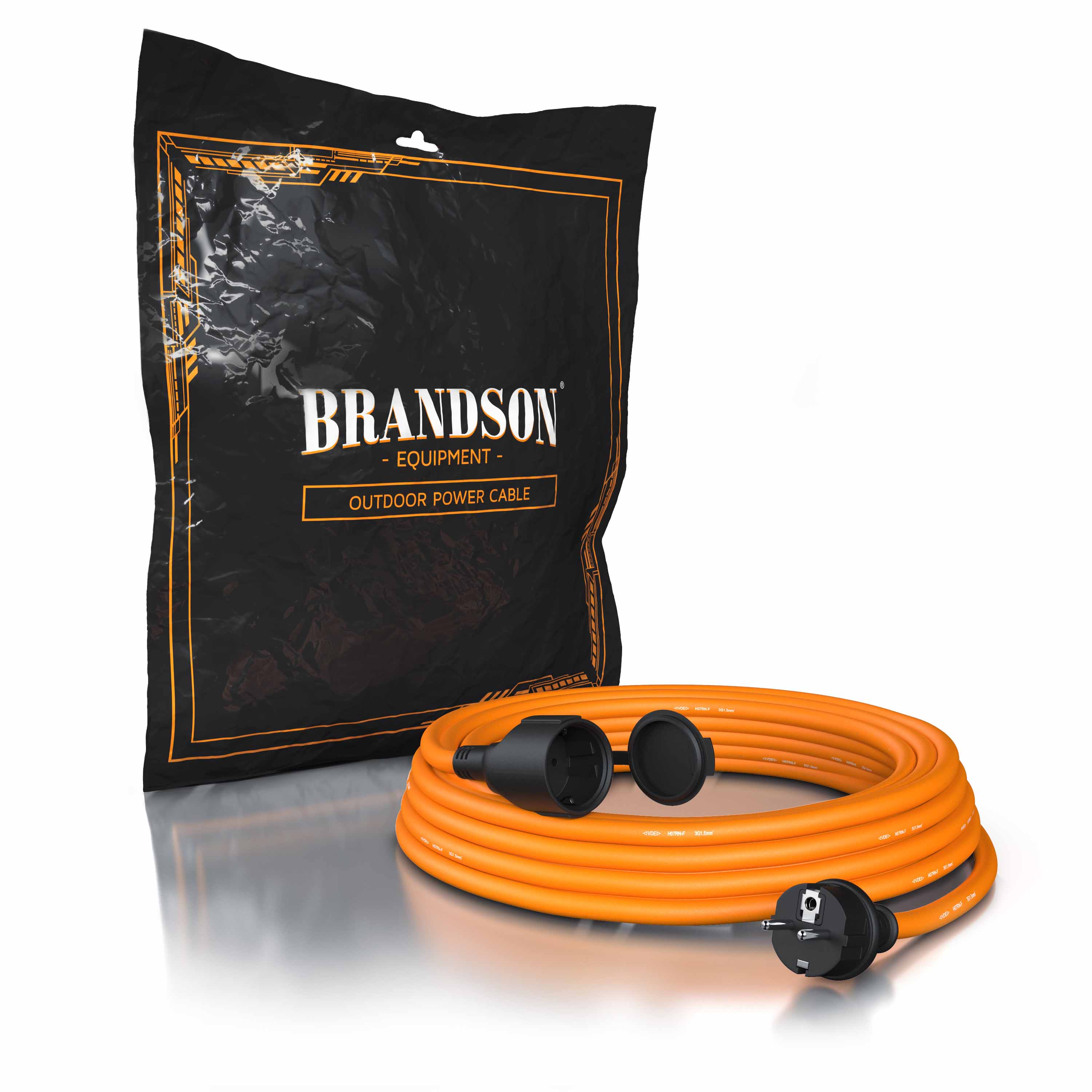 Brandson Outdoor-Stromkabel in leuchtendem Orange mit zwei Steckdosen, verpackt in einer schwarzen Tasche mit orangefarbenen Akzenten.
