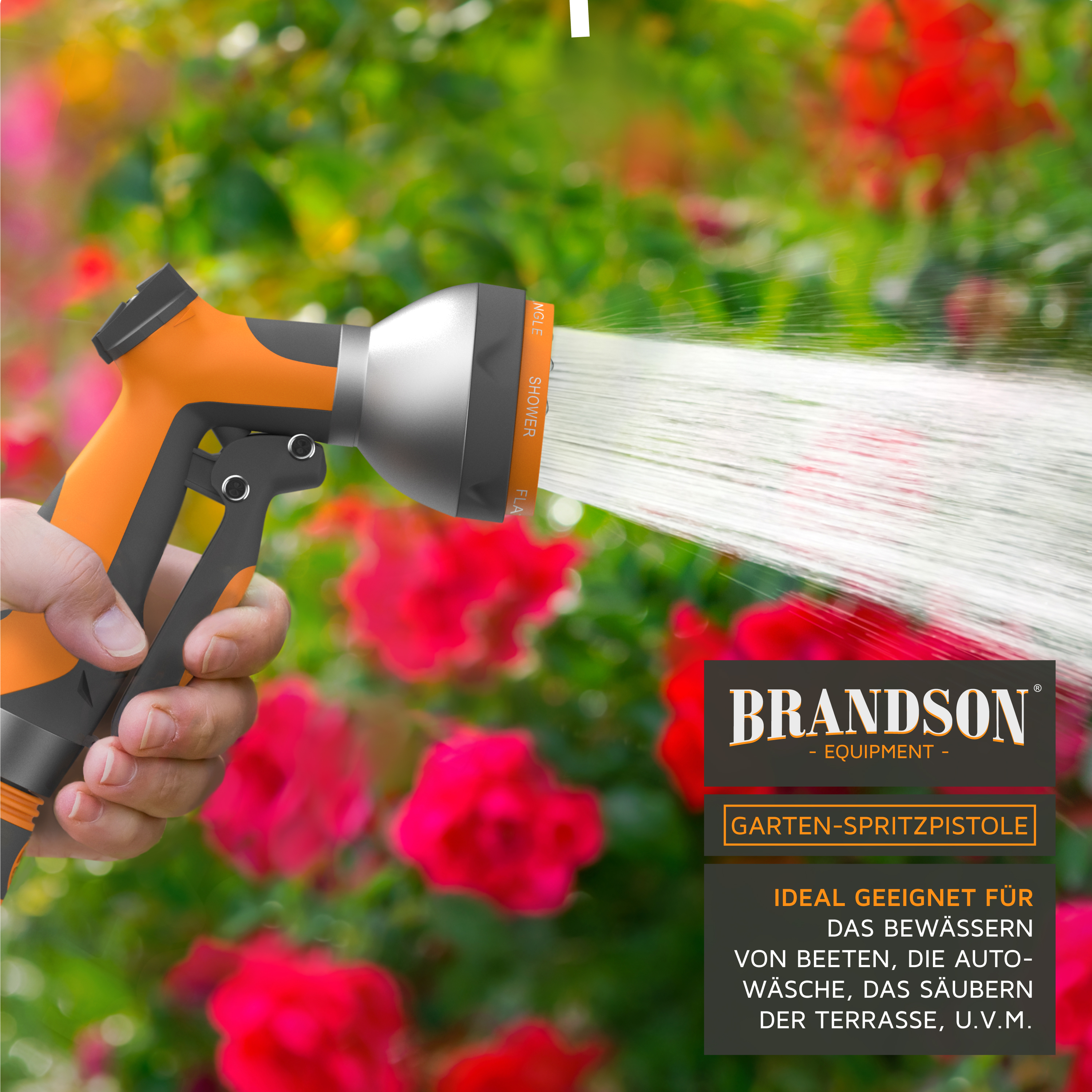 Brandson-Gartenspritzpistole mit ergonomischem orangefarbenem Griff und einstellbaren Sprüheinstellungen zur Bewässerung von Pflanzen im Garten.