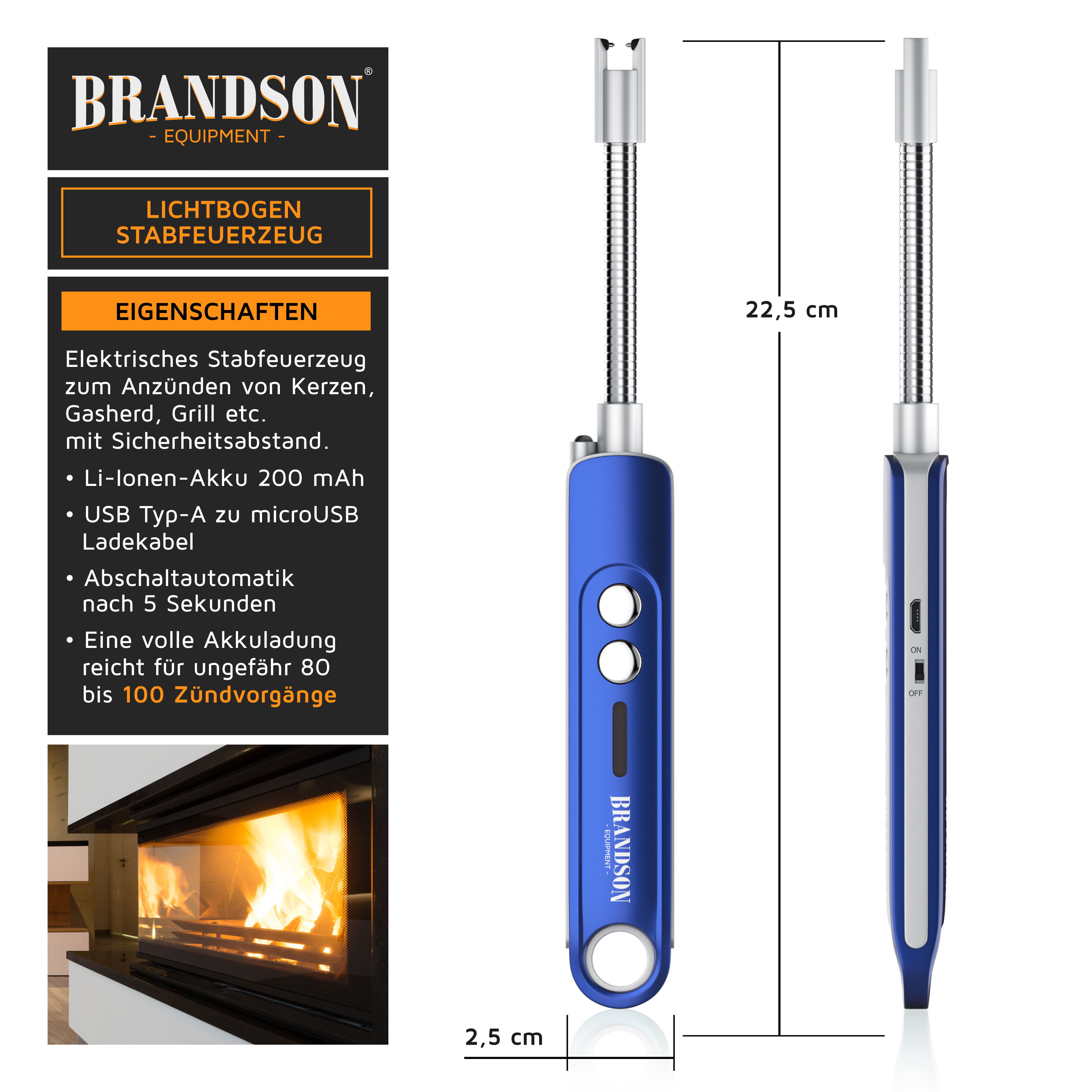 Brandson Lichtbogen-Stabfeuerzeug in Blau mit flexiblem Hals, zwei Tasten und USB-Ladeanschluss, ideal zum Anzünden von Kerzen und Grills.