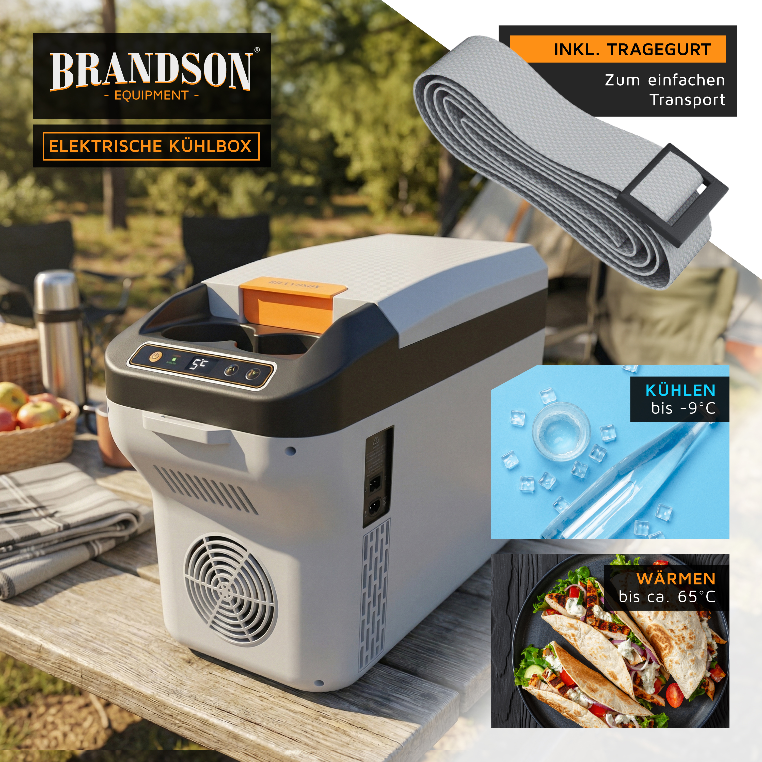 Brandson elektrische Kühlbox in grau mit orangefarbenem Deckel, Bedienfeld und Tragegurt, ideal für den Einsatz im Freien.