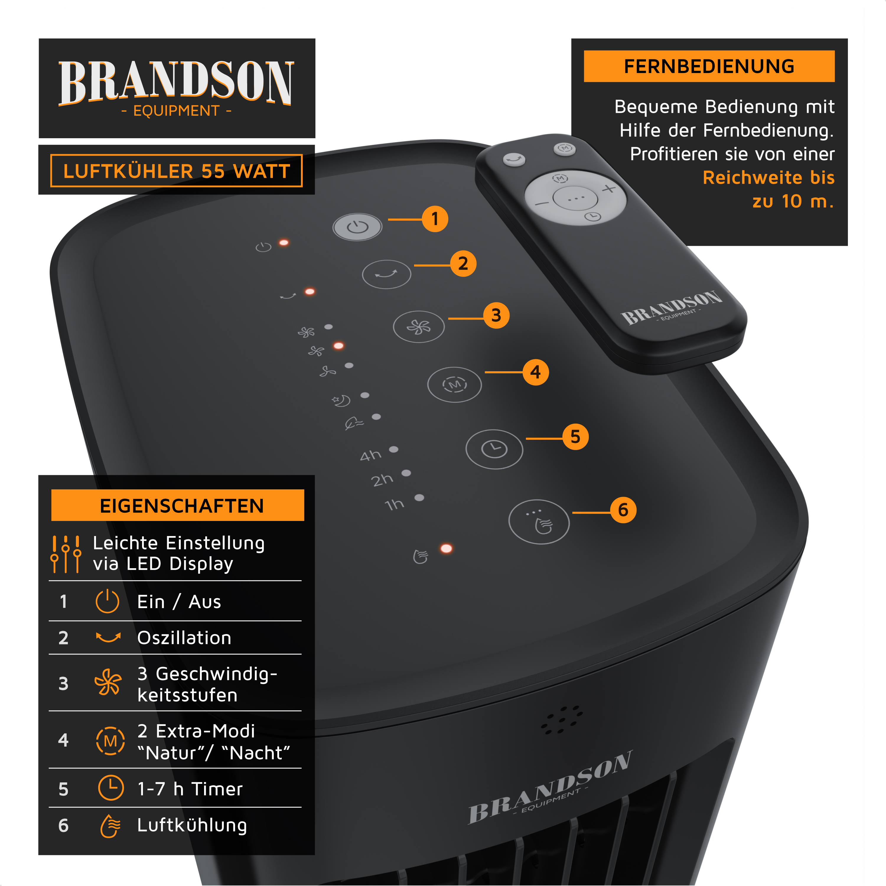 Brandson Luftkühler mit Fernbedienung, LED-Anzeige und einstellbaren Einstellungen für Kühl-, Oszillations- und Timerfunktionen.