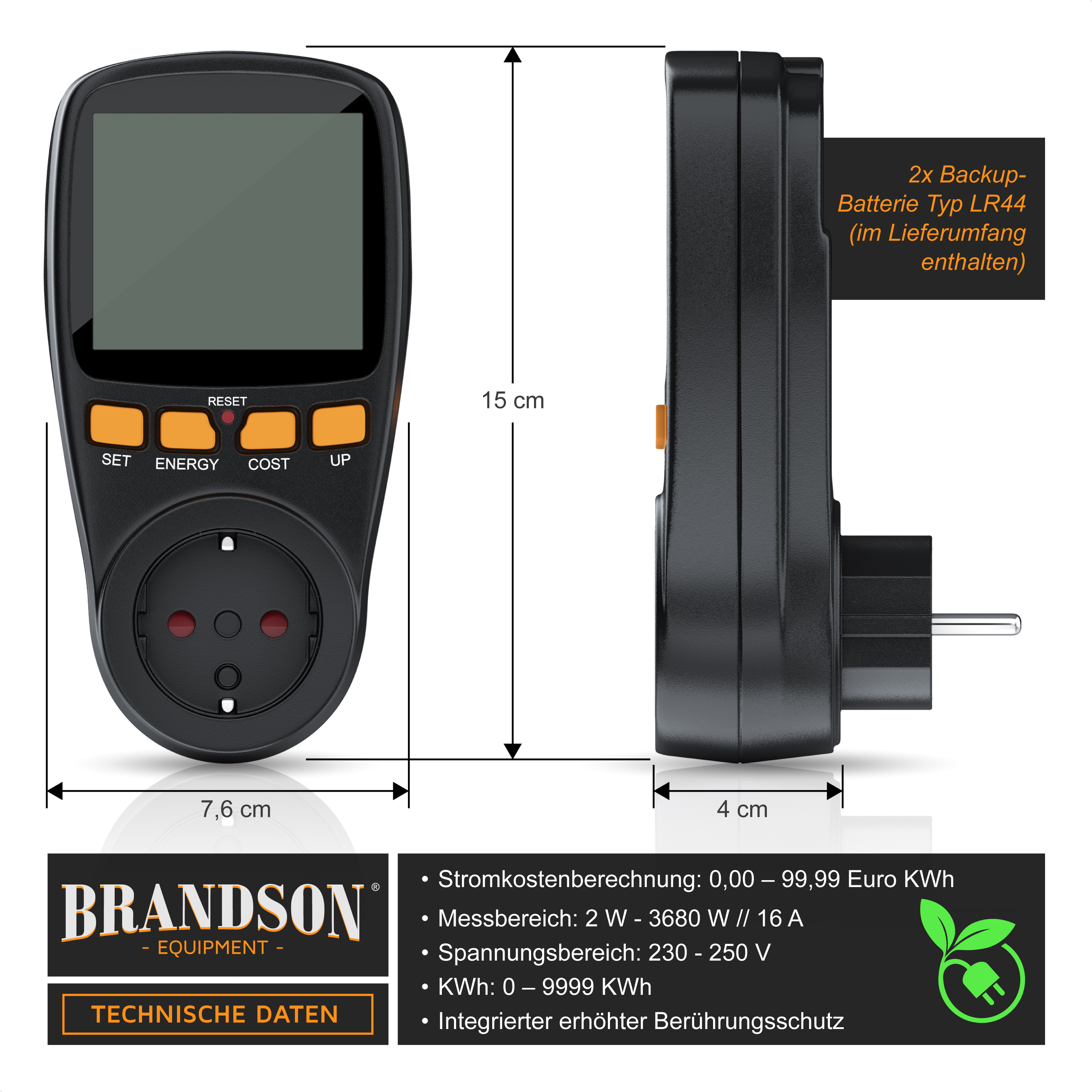 Brandson Energiekostenmessgerät mit digitalem Display, Tastenfeld und Steckdose in schwarzer Farbe, ideal zur Überwachung des Stromverbrauchs.